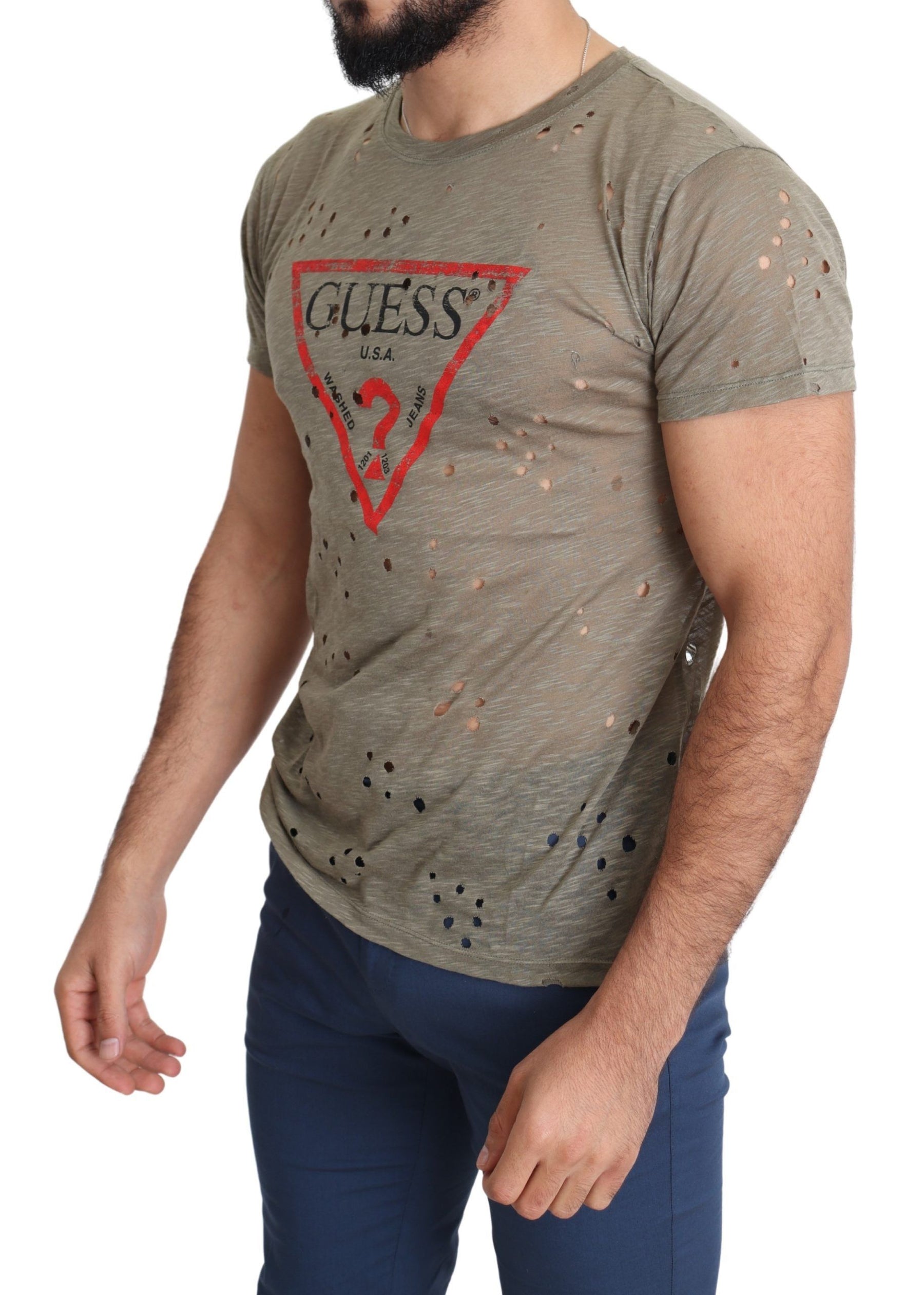 Guess Brown Cotton Stretch Logo Print Men Casual Perforated T-shirt | Regal Royce
