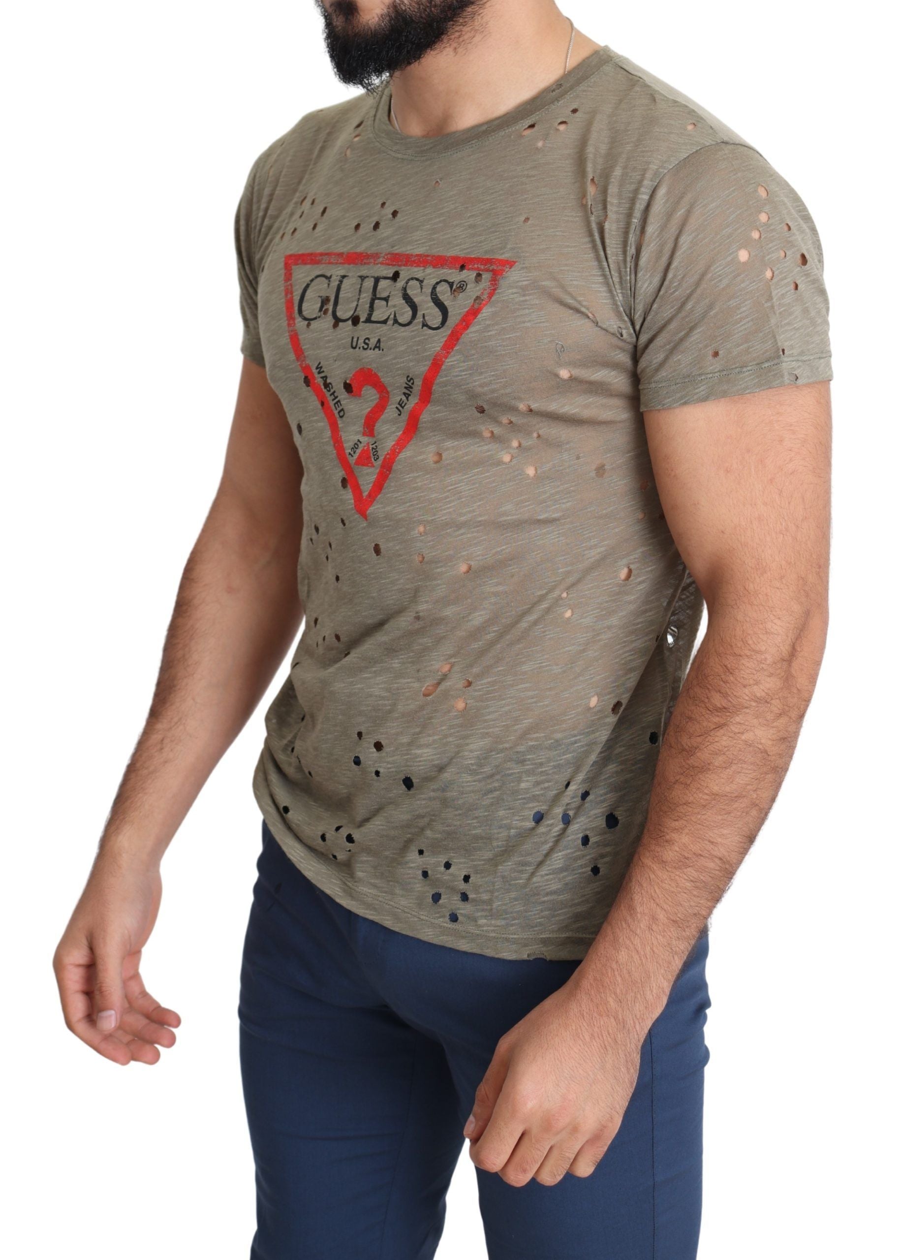 Guess Brown Cotton Stretch Logo Print Men Casual Perforated T-shirt