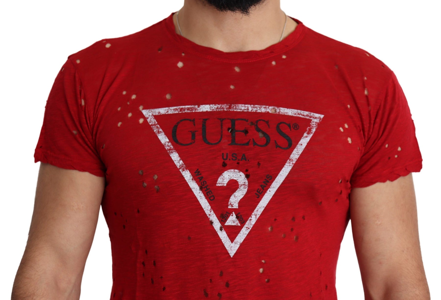 Guess Red Cotton Logo Print Men Casual Top Perforated T-shirt | Regal Royce