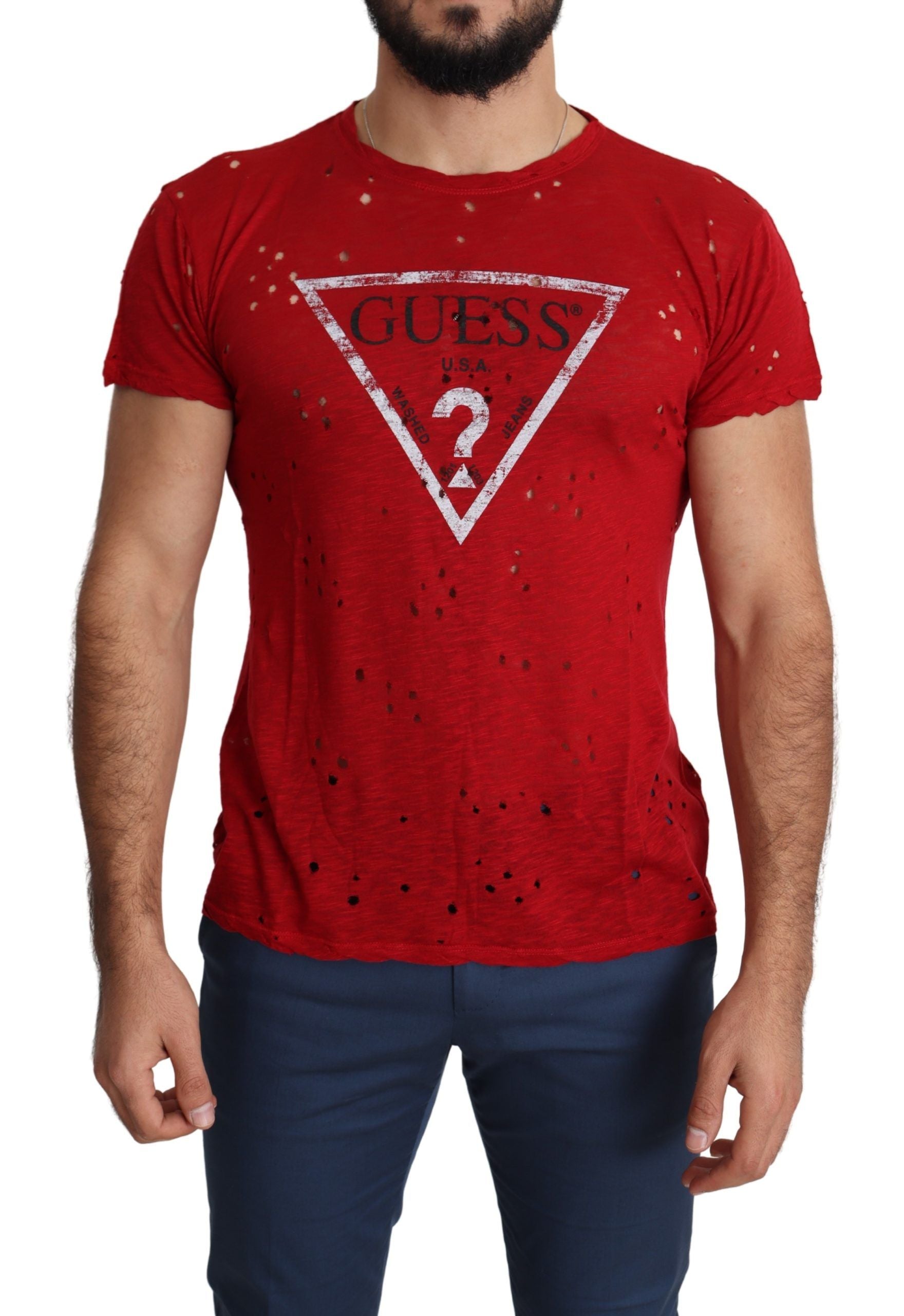 Guess Red Cotton Logo Print Men Casual Top Perforated T-shirt | Regal Royce