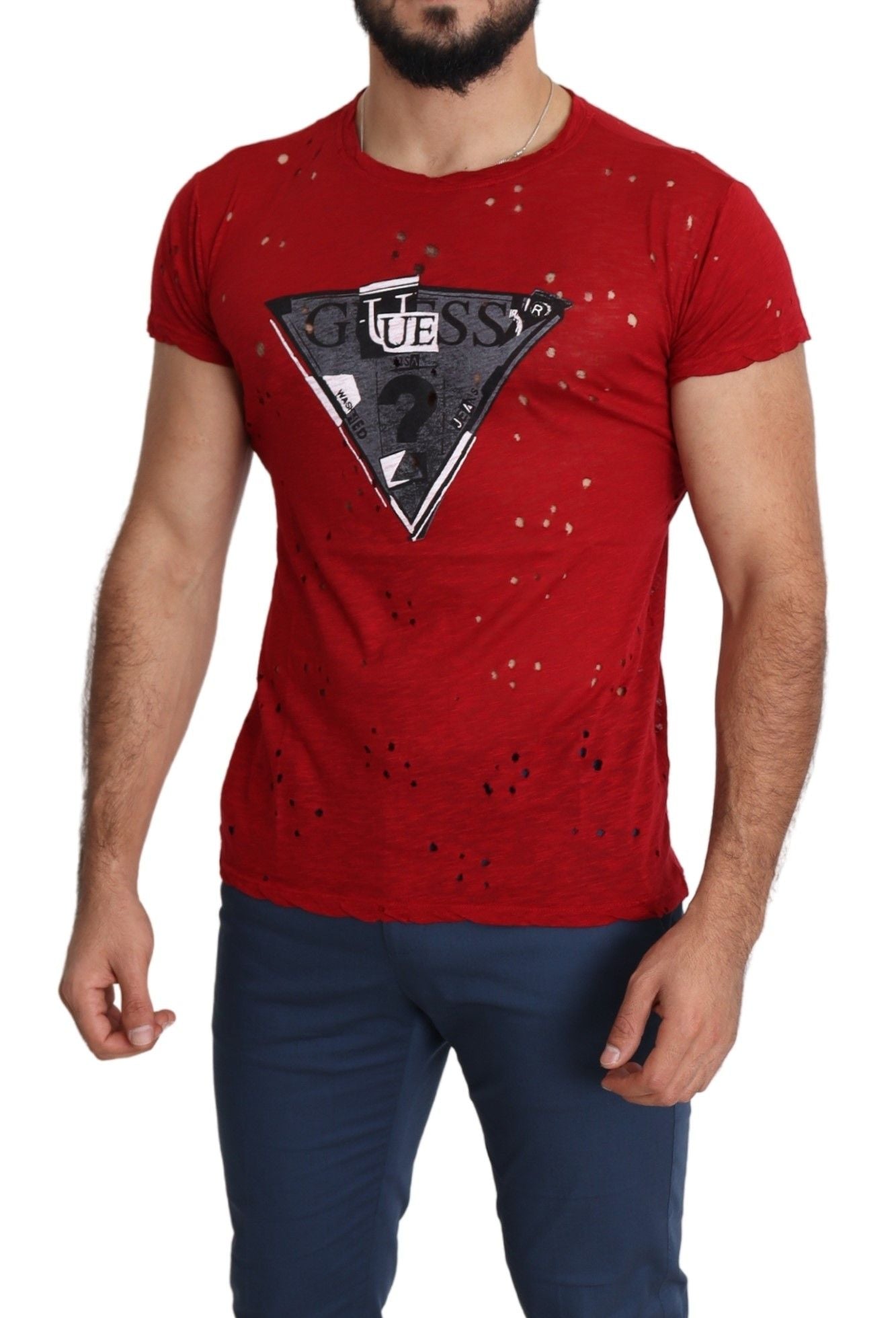 Guess Red Cotton Logo Print Men Casual Top Perforated T-shirt | Regal Royce