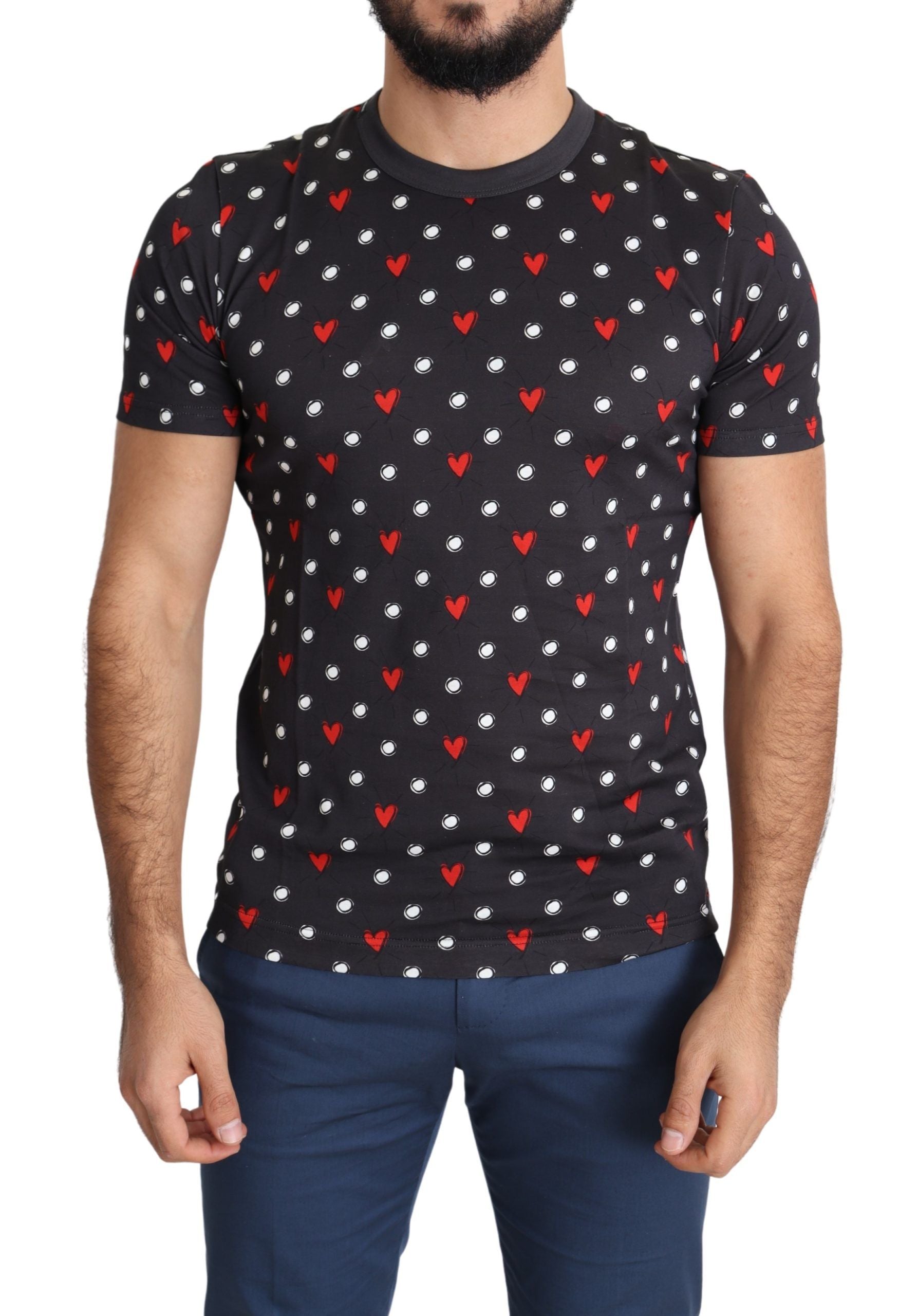 Dolce & Gabbana Dark Gray Hearts Print Cotton Men T-shirt | Regal Royce