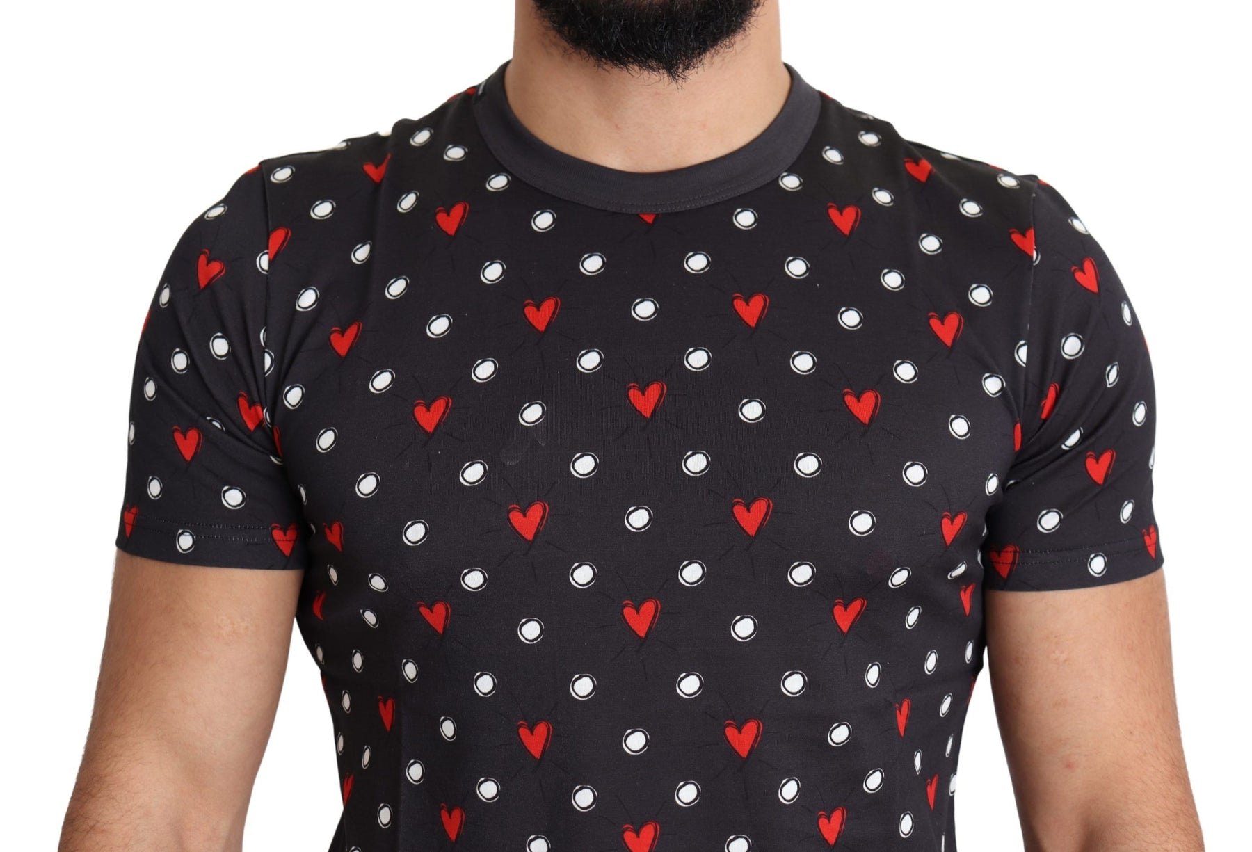 Dolce & Gabbana Dark Gray Hearts Print Cotton Men T-shirt | Regal Royce