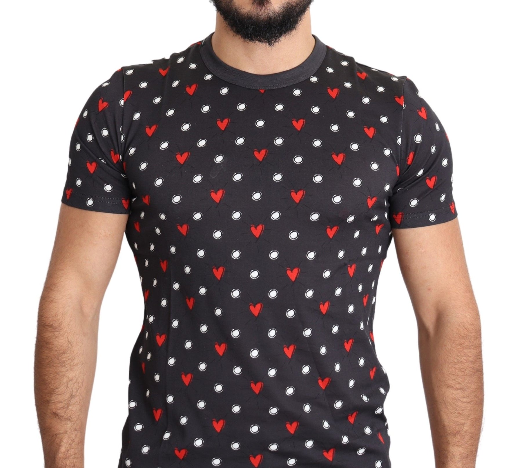 Dolce & Gabbana Dark Gray Hearts Print Cotton Men T-shirt | Regal Royce