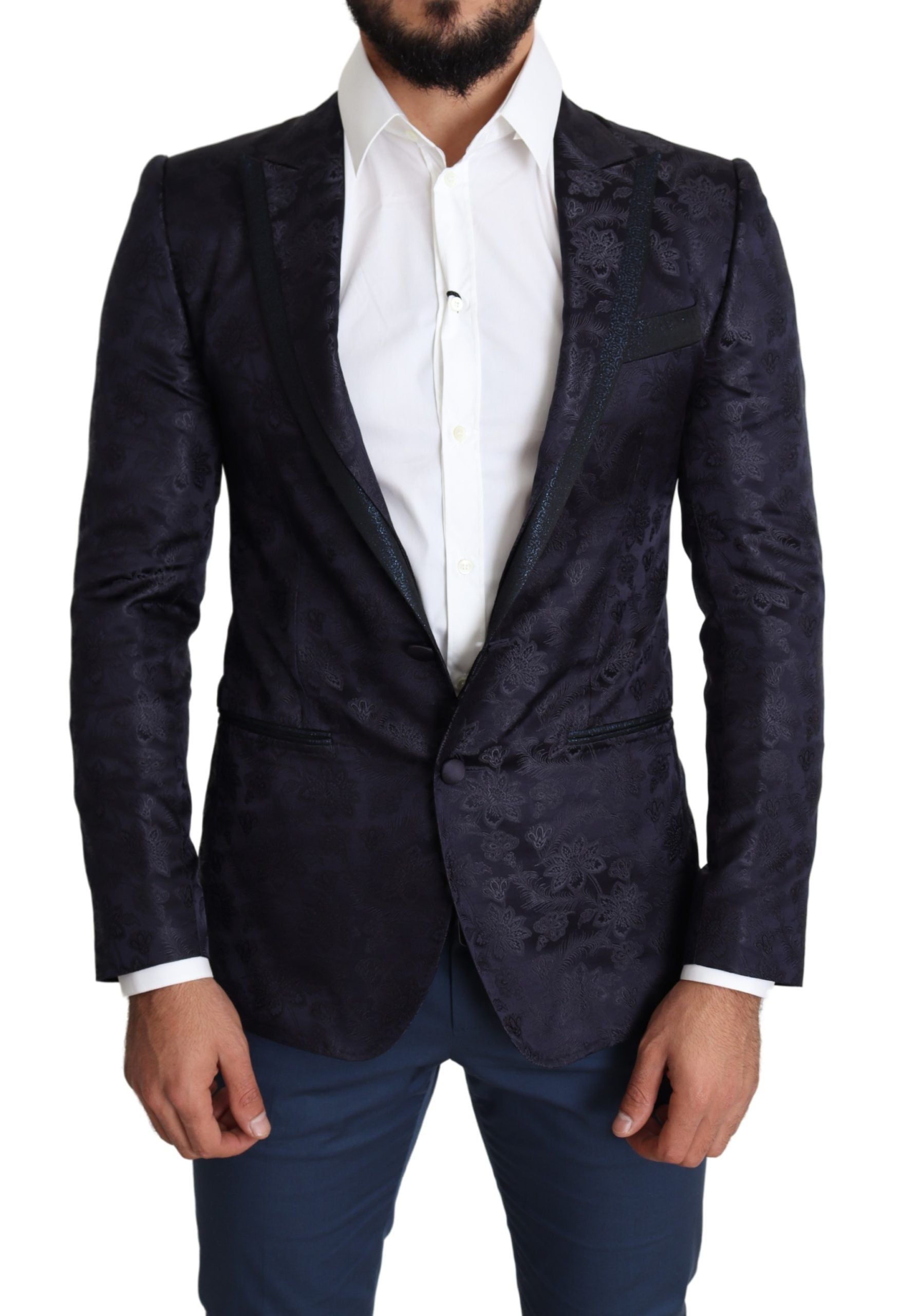 Dolce & Gabbana Blue Floral Jacquard Silk Coat MARTINI Blazer | Regal Royce