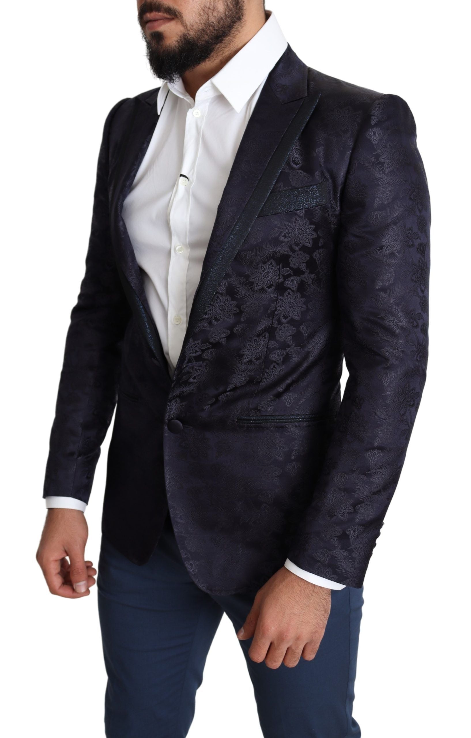Dolce & Gabbana Blue Floral Jacquard Silk Coat MARTINI Blazer | Regal Royce