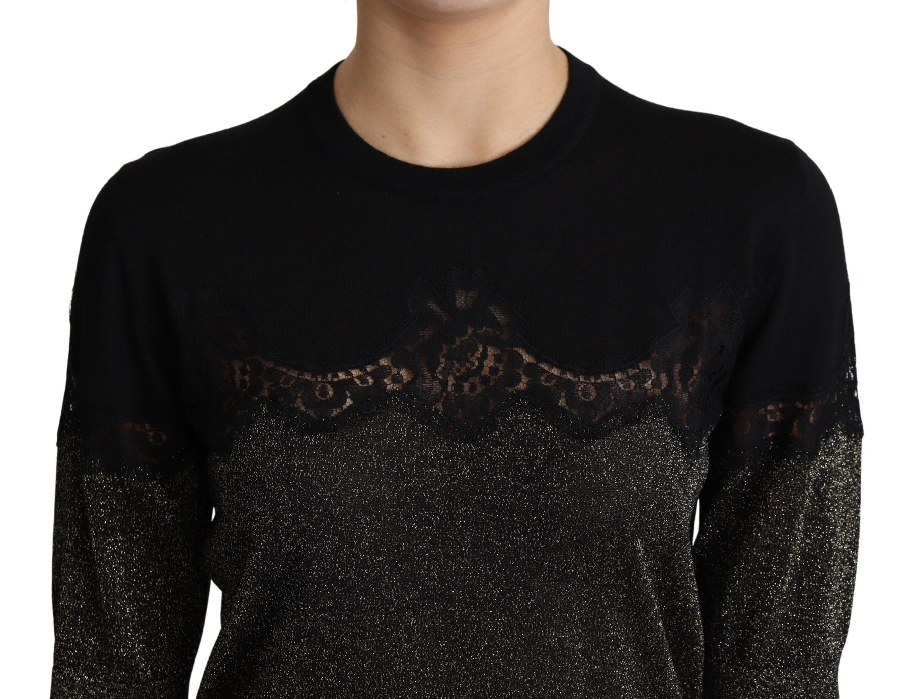 Dolce & Gabbana Black Shiny Lurex Lace Insert Pullover Top | Regal Royce