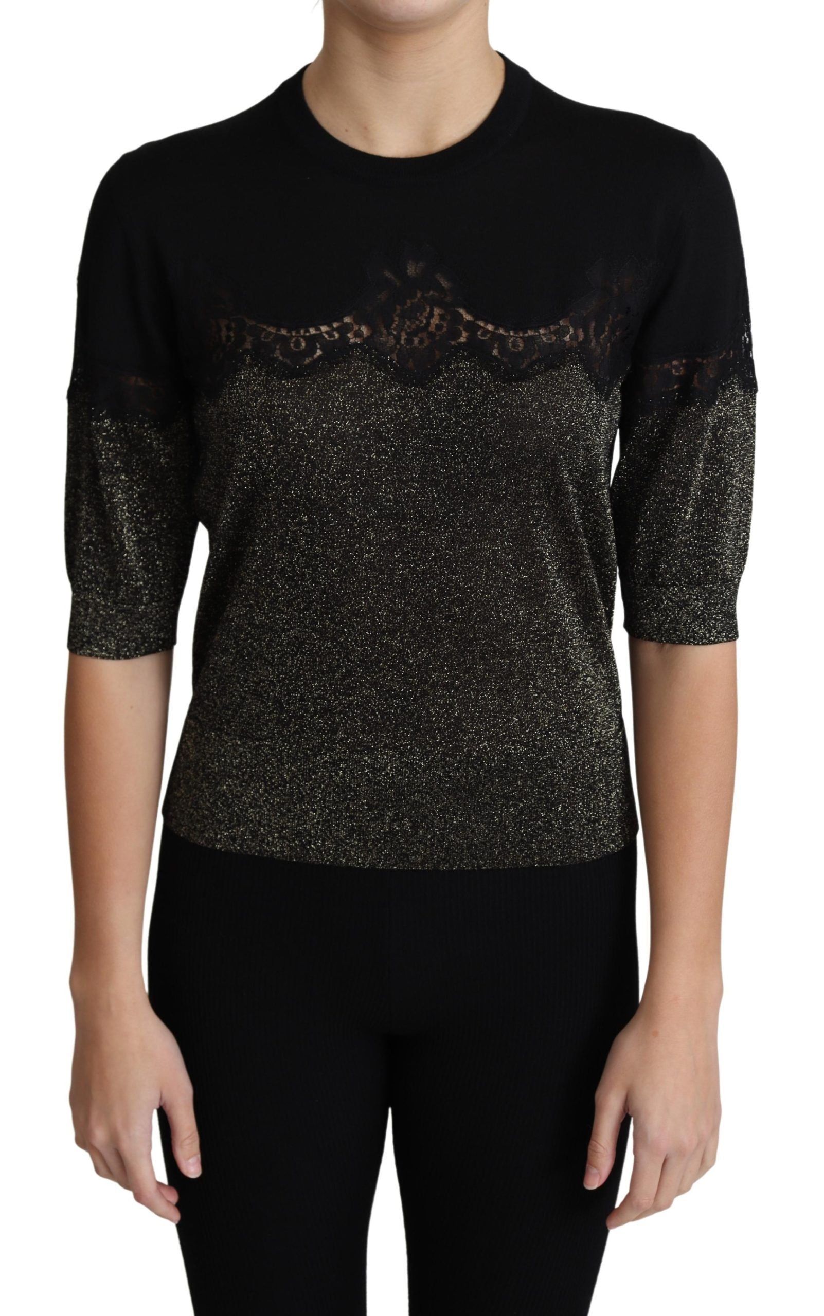 Dolce & Gabbana Black Shiny Lurex Lace Insert Pullover Top | Regal Royce