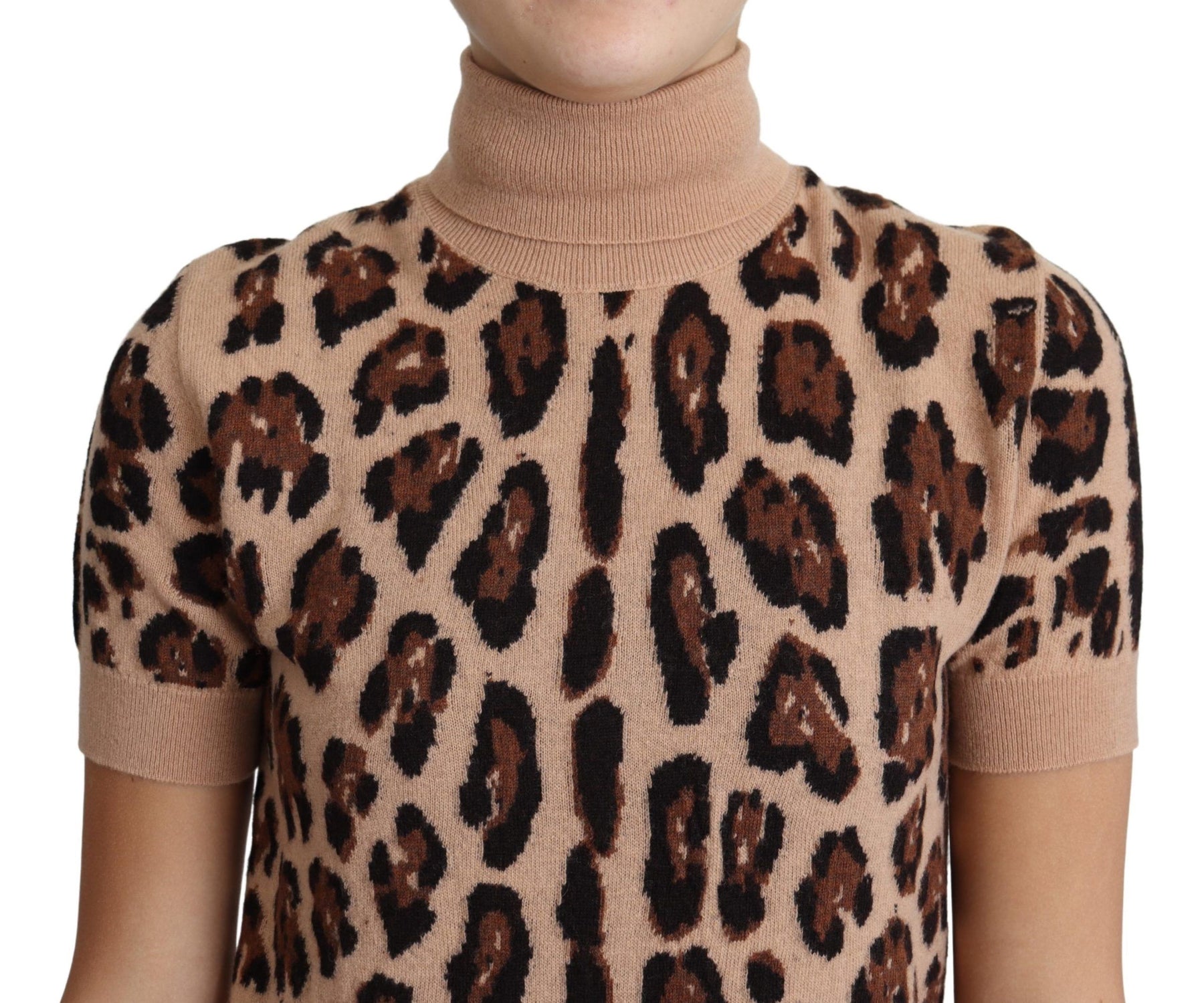 Dolce & Gabbana Beige Leopard Print Virgin Wool Turtleneck Top | Regal Royce