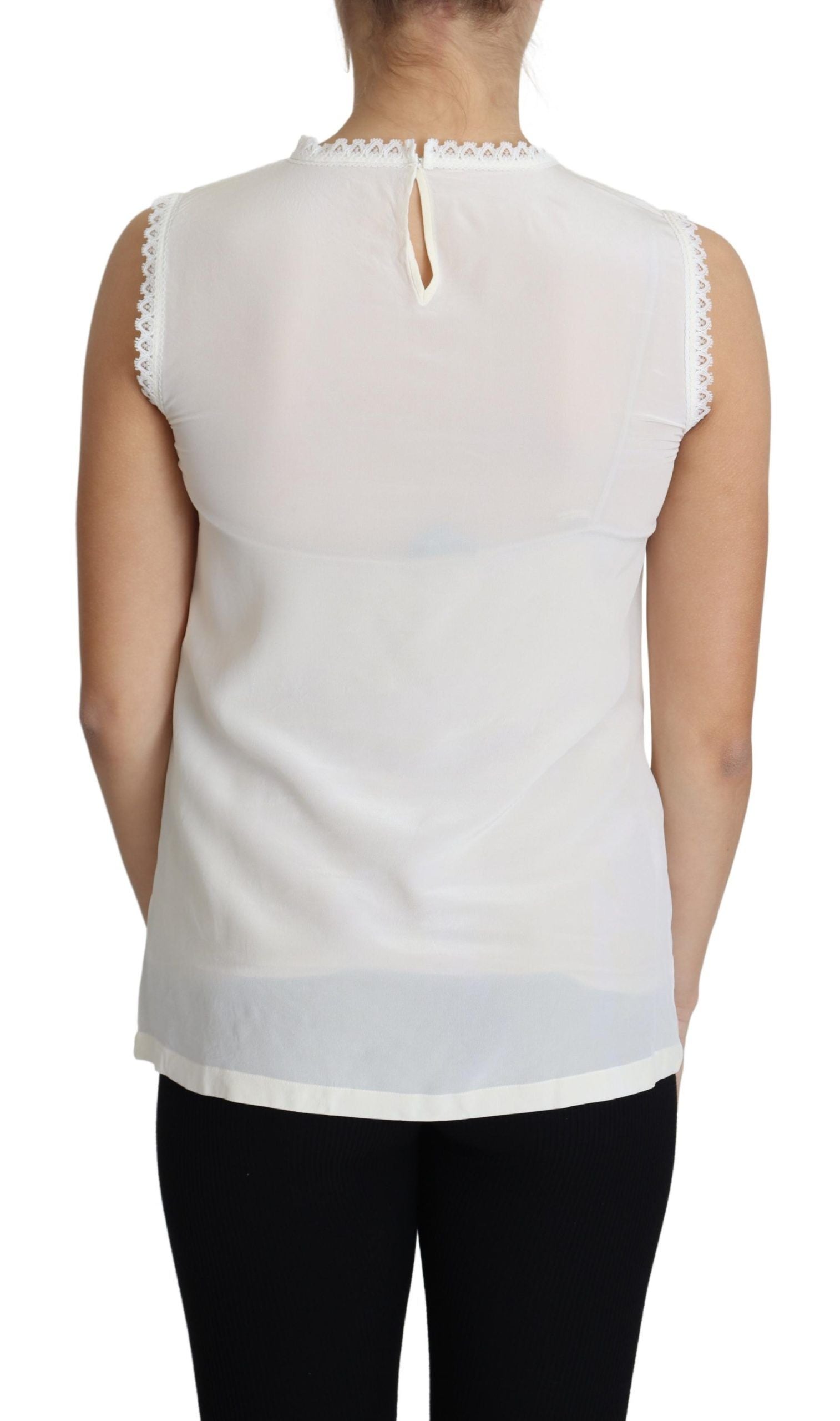 Dolce & Gabbana White Blouse Silk Lace Trimmed Sleeveless Top | Regal Royce