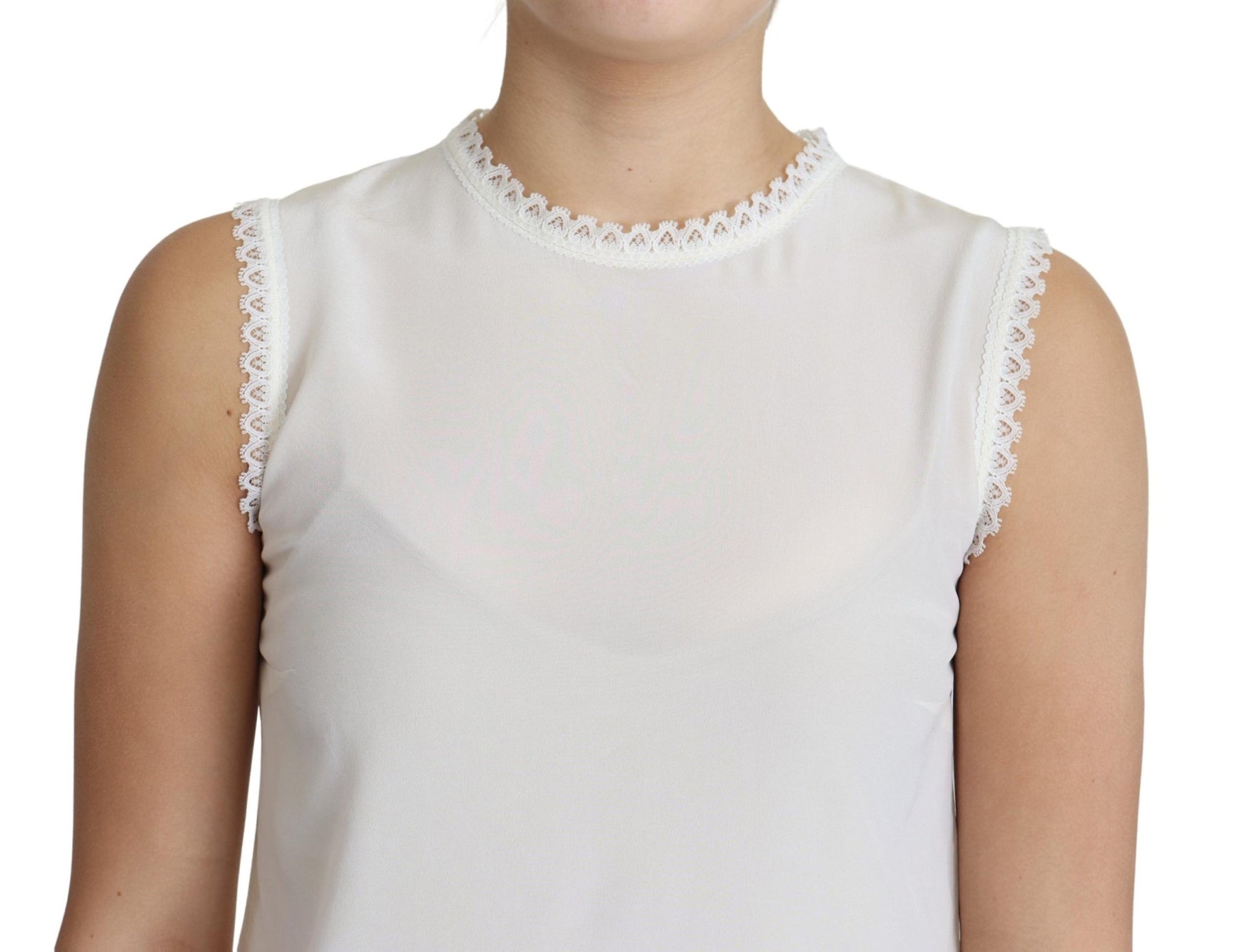 Dolce & Gabbana White Blouse Silk Lace Trimmed Sleeveless Top | Regal Royce
