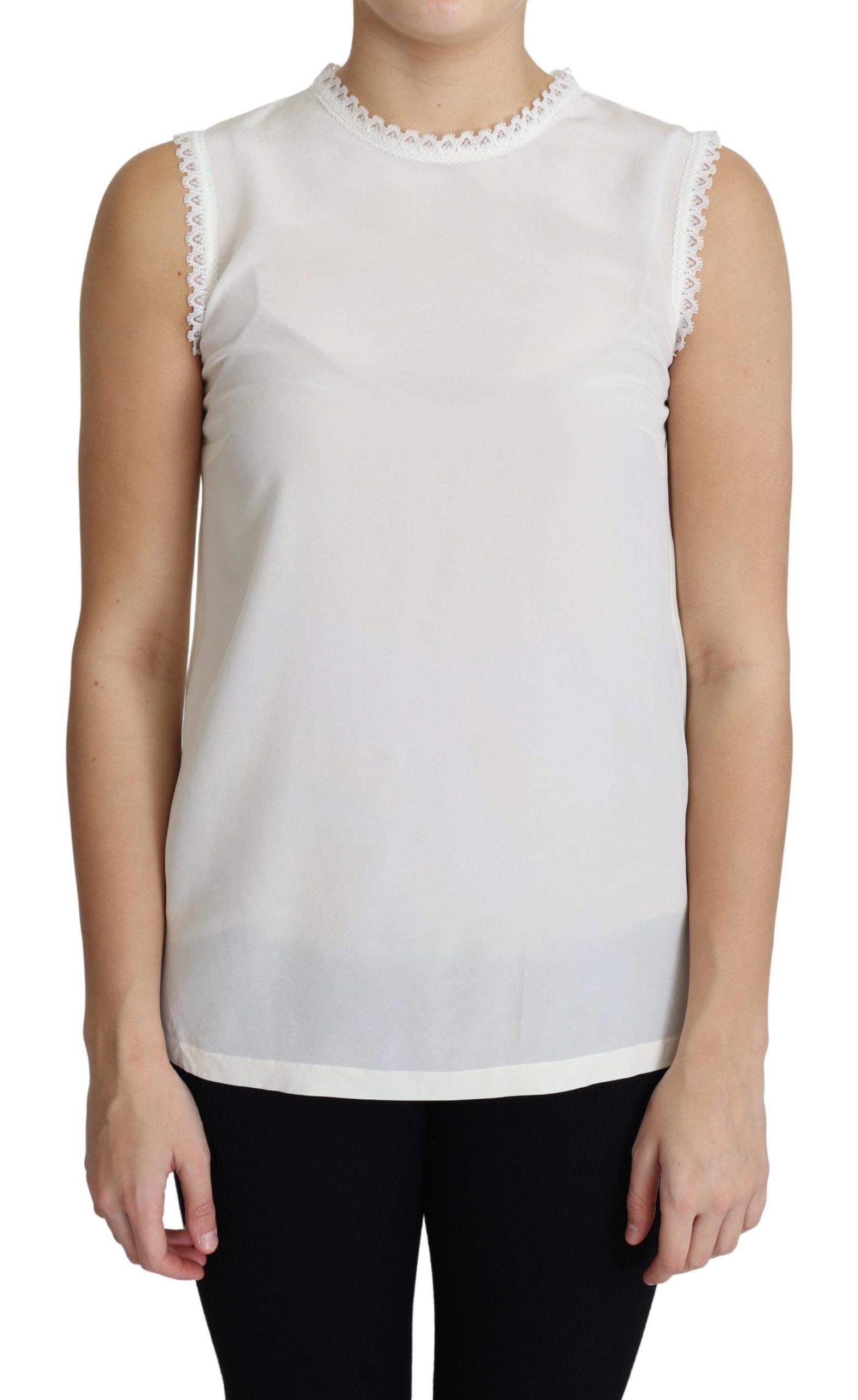 Dolce & Gabbana White Blouse Silk Lace Trimmed Sleeveless Top | Regal Royce