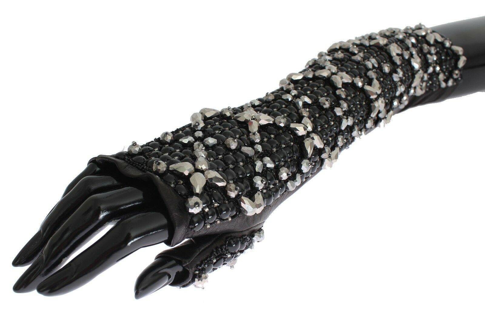 Dolce & Gabbana Black Leather Crystal Beaded Finger Free Gloves | Regal Royce
