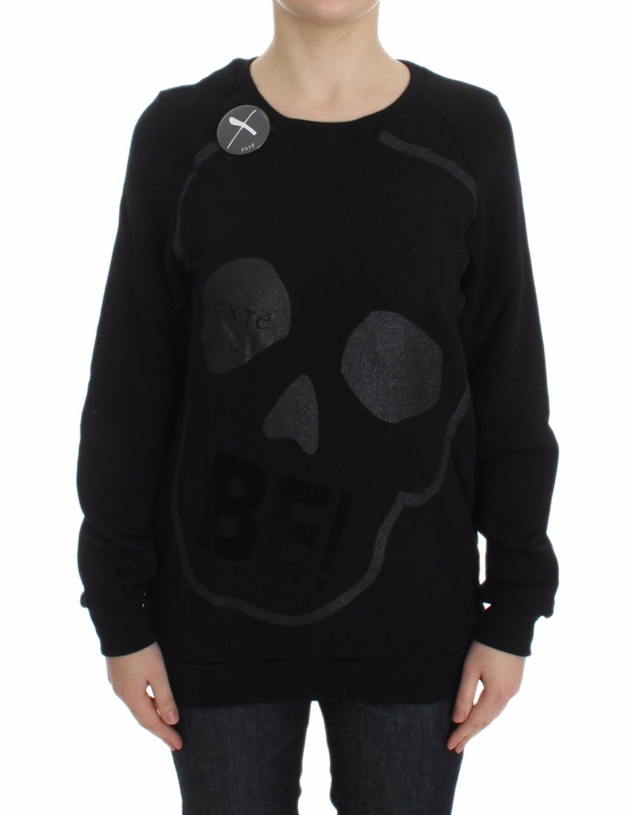 Exte Black Cotton Motive Print Crewneck Pullover Sweater | Regal Royce