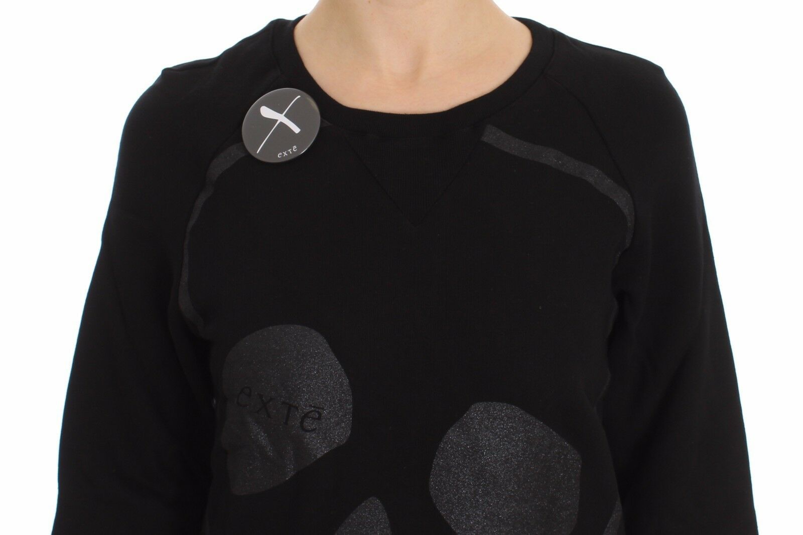 Exte Black Cotton Motive Print Crewneck Pullover Sweater | Regal Royce