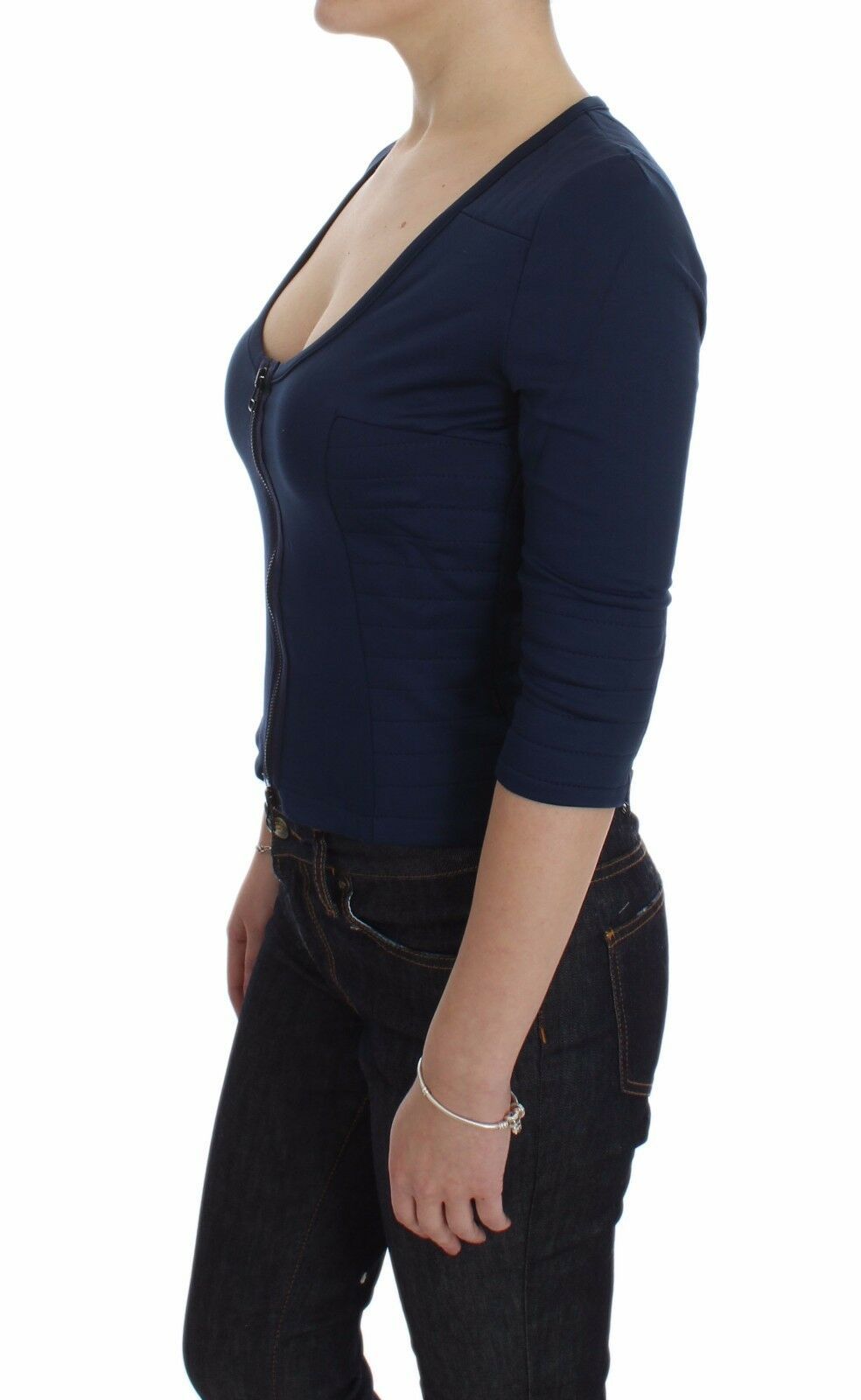 Exte Blue Cotton Top Zipper Deep Crew-neck Sweater | Regal Royce