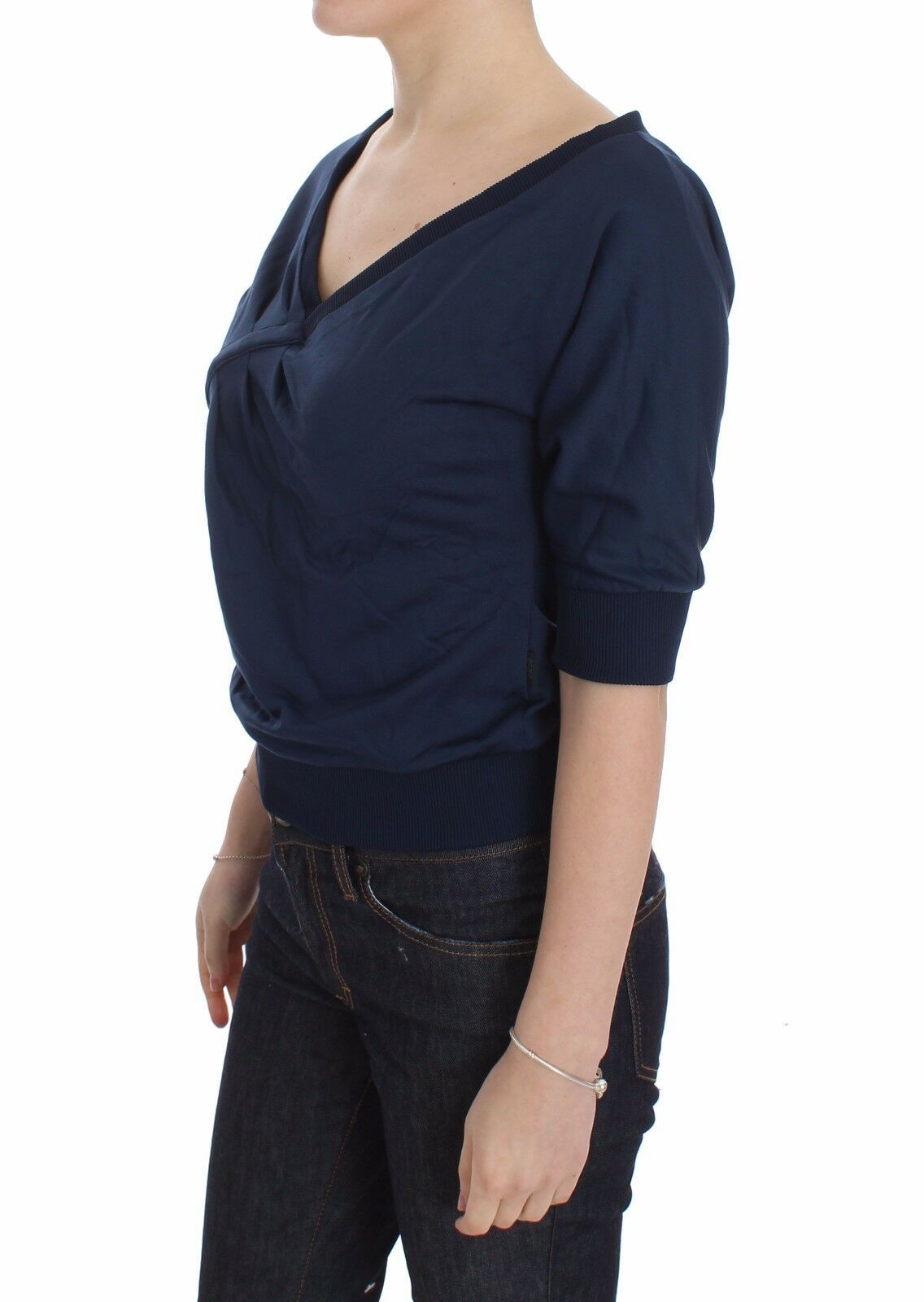 Exte Blue Cotton Top Pullover Deep V-neck Women Sweater | Regal Royce