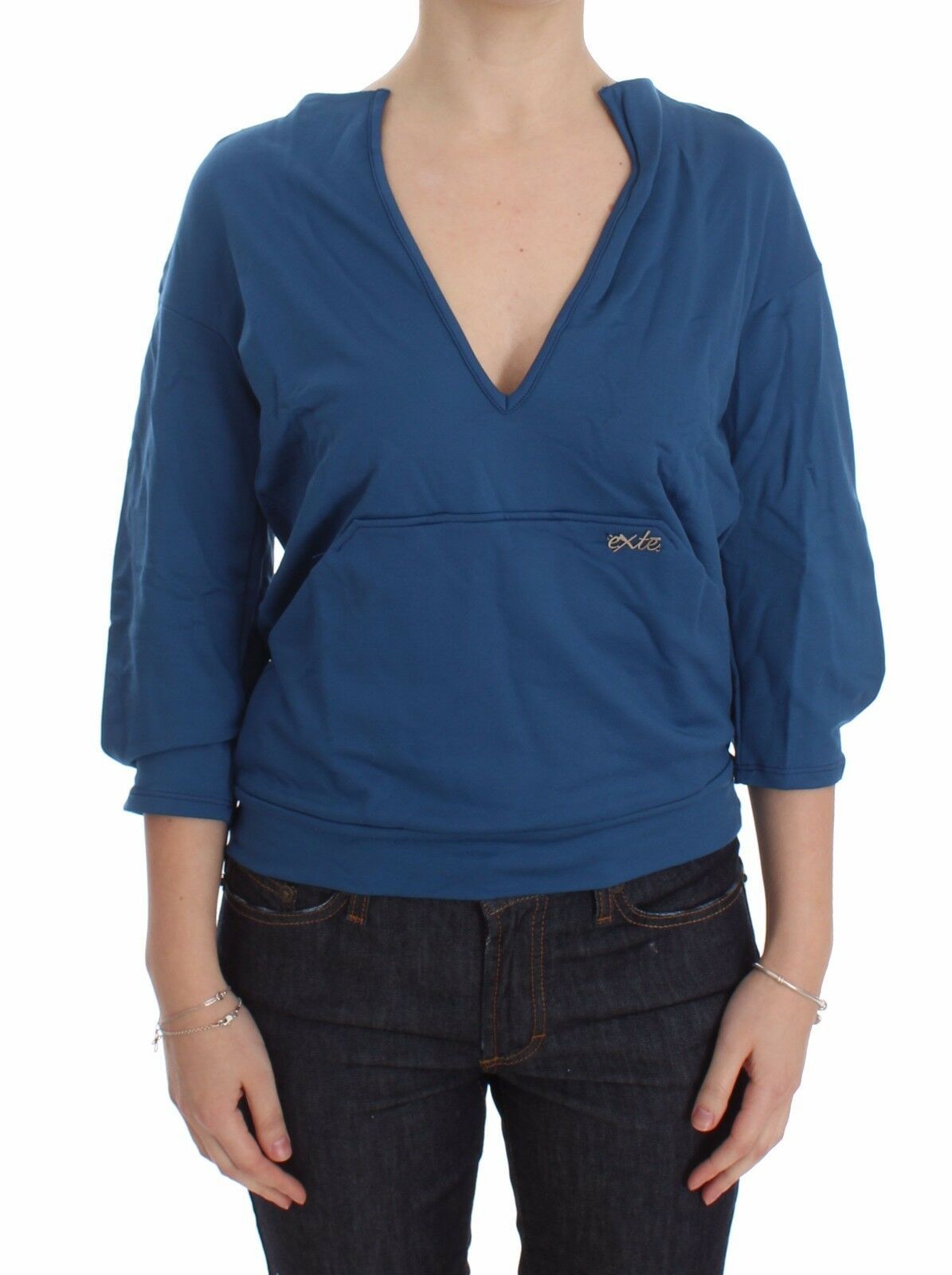 Exte Blue Cotton Top Pullover Deep V-neck Women Sweater | Regal Royce
