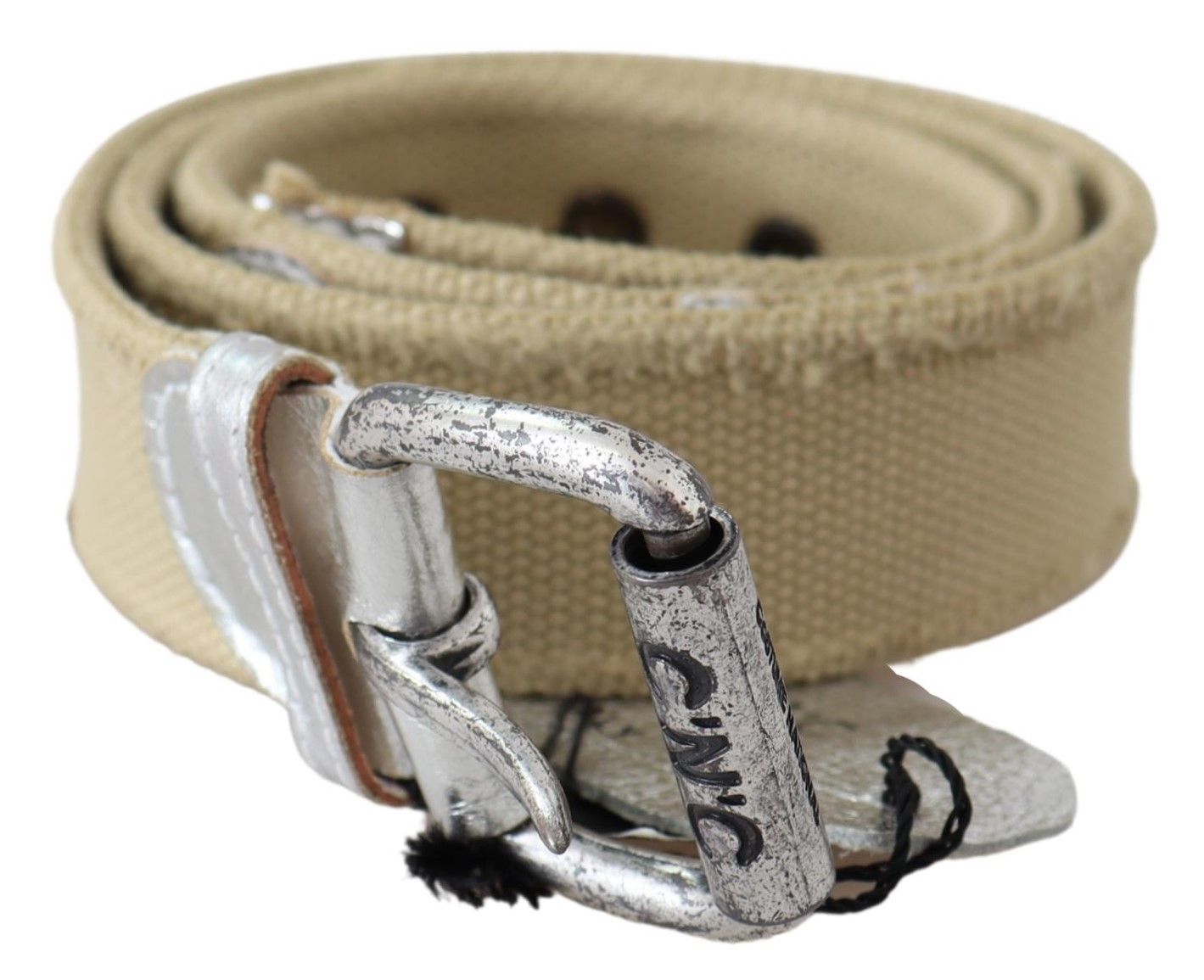 Costume National Beige Cotton Rustic Logo Buckle Belt | Regal Royce