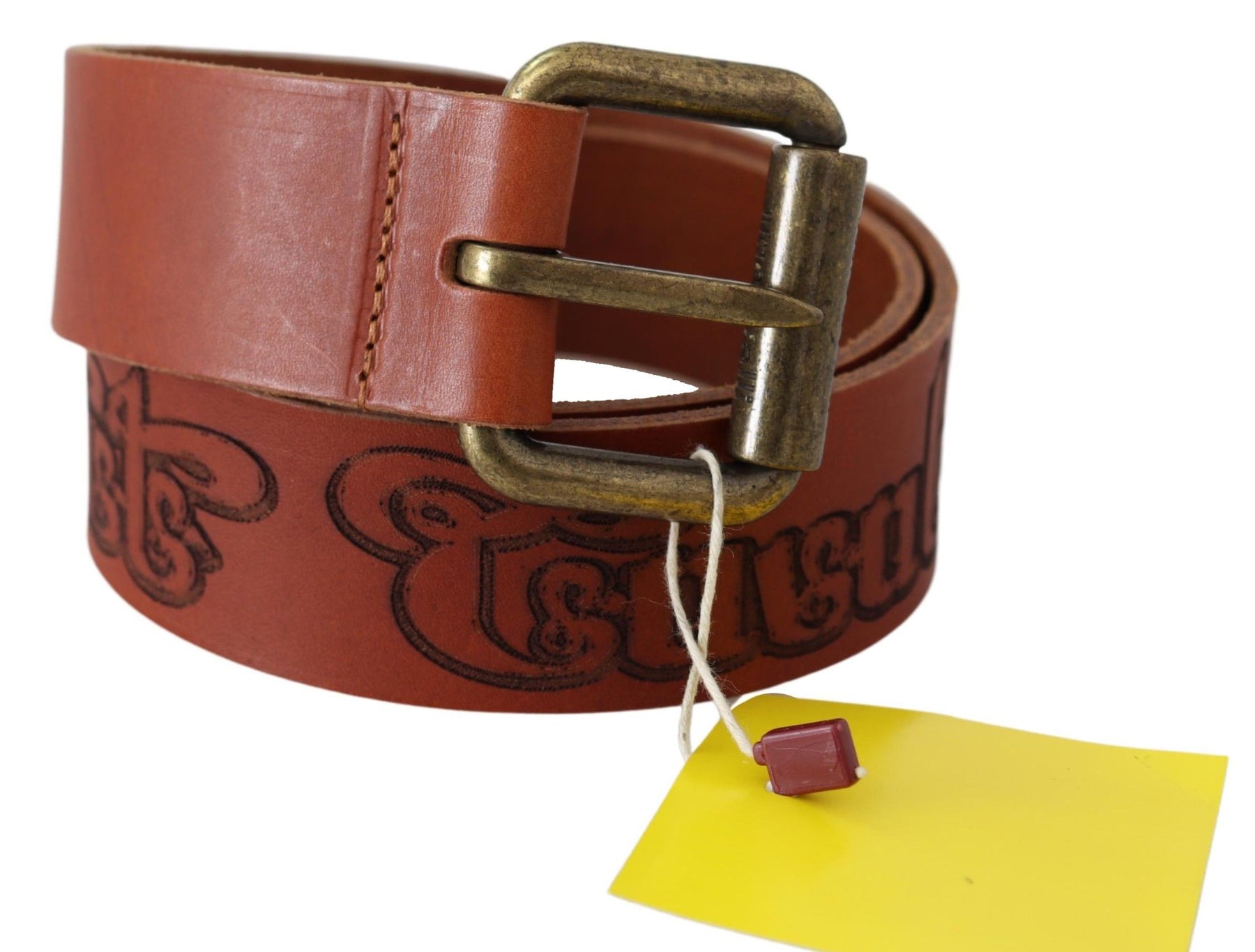 Just Cavalli Brown Leather Logo Bronze Rustic Metal Buckle Belt | Regal Royce