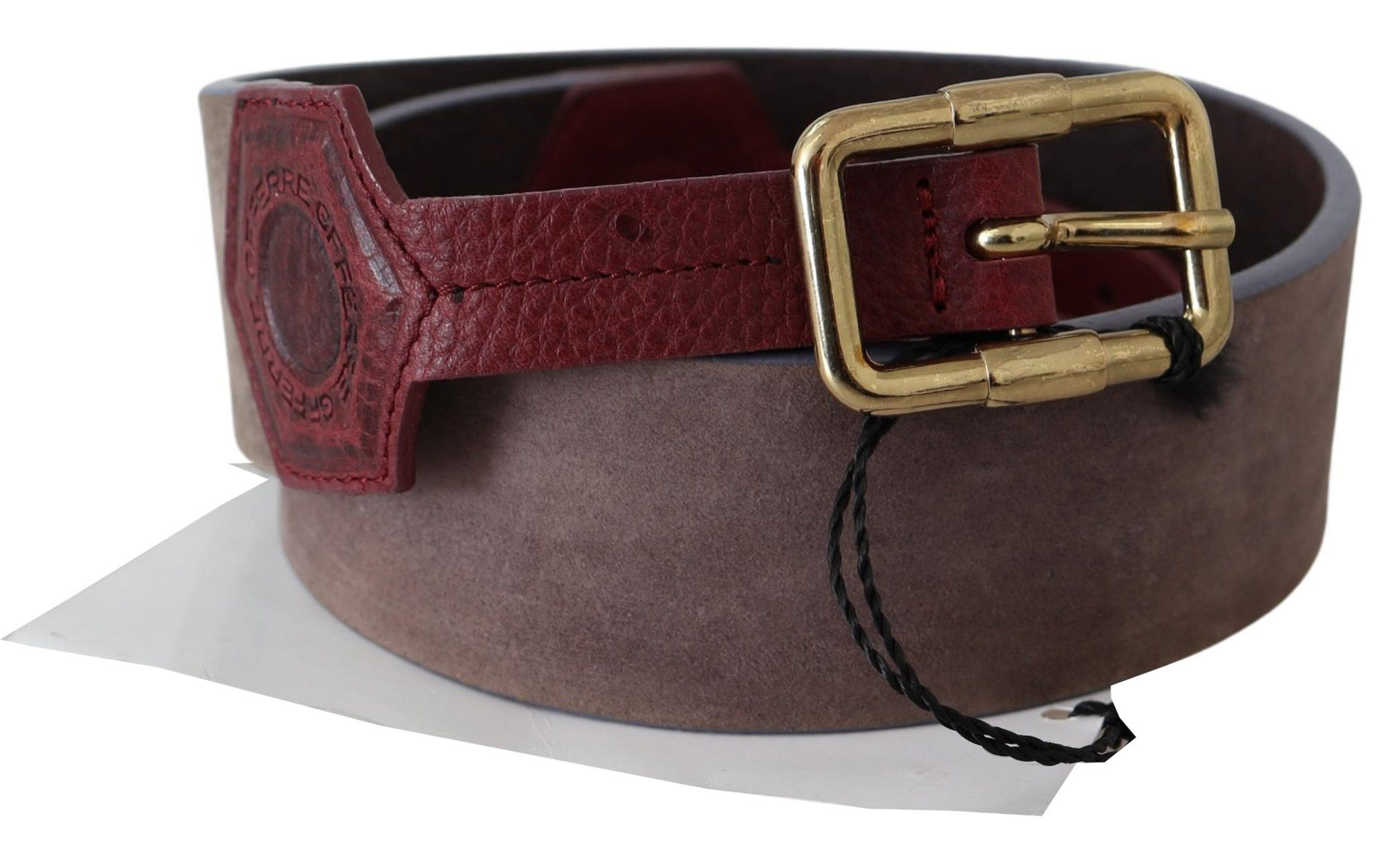 GF Ferre Brown Leather Wide Gold Chrome Logo Buckle Belt | Regal Royce