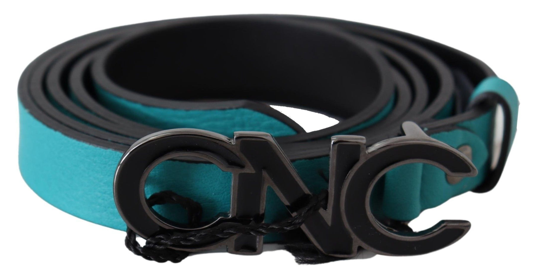 Costume National Blue Green Leather Logo Silver Buckle Belt | Regal Royce