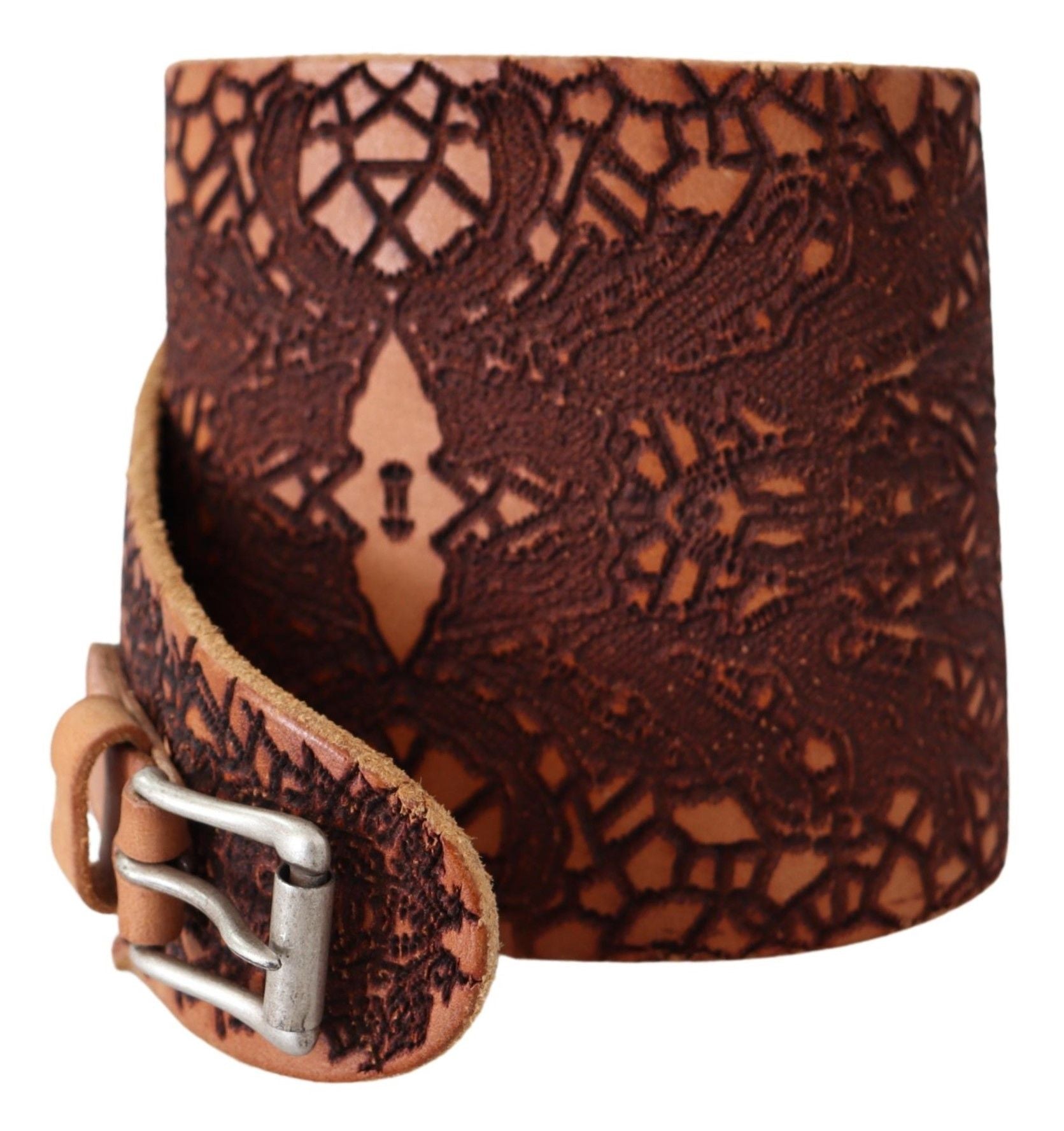 Scervino Street Brown Wide Leather Embroidered Design Logo Belt | Regal Royce