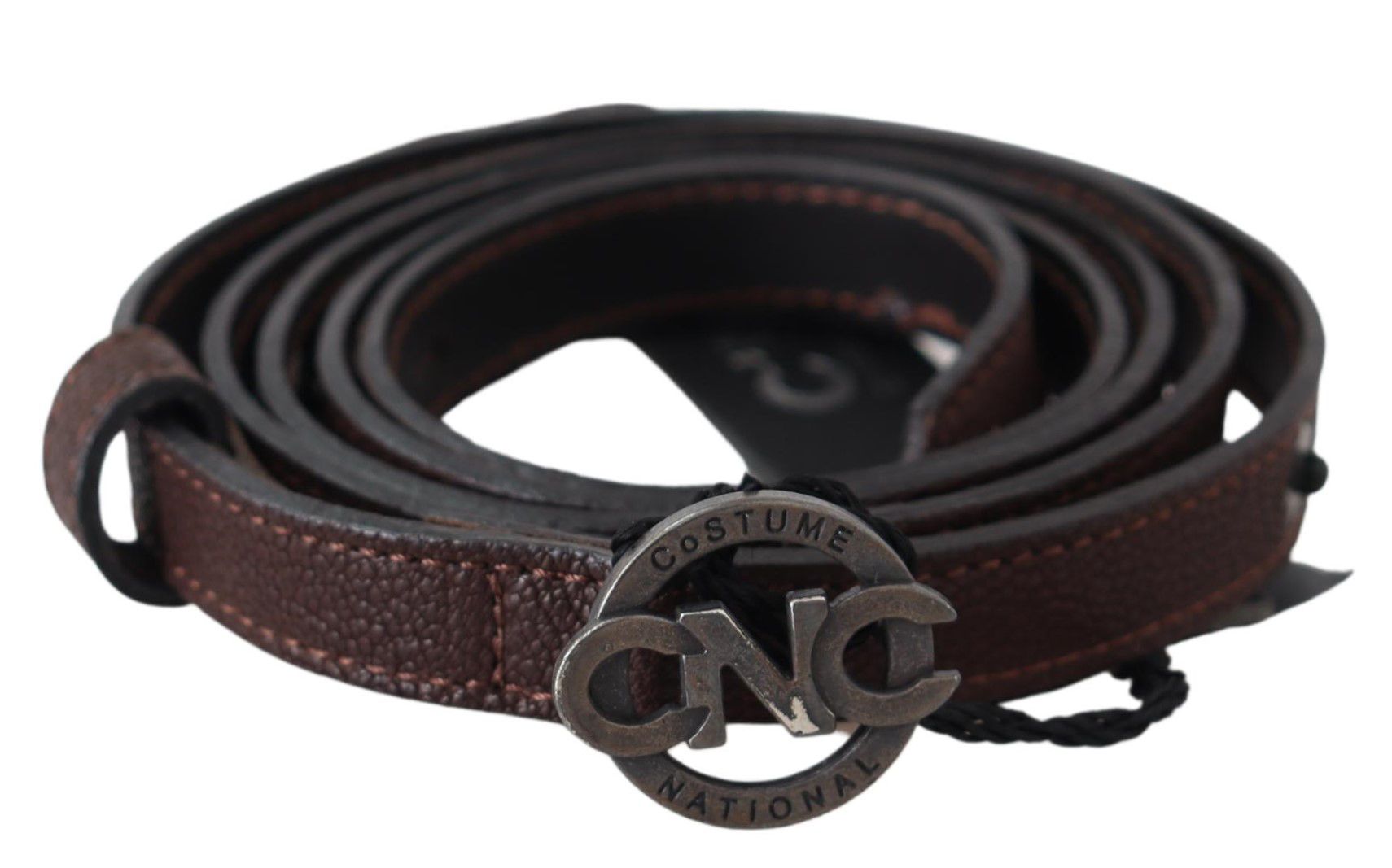 Costume National Brown Skinny Leather Round Logo Buckle Belt | Regal Royce