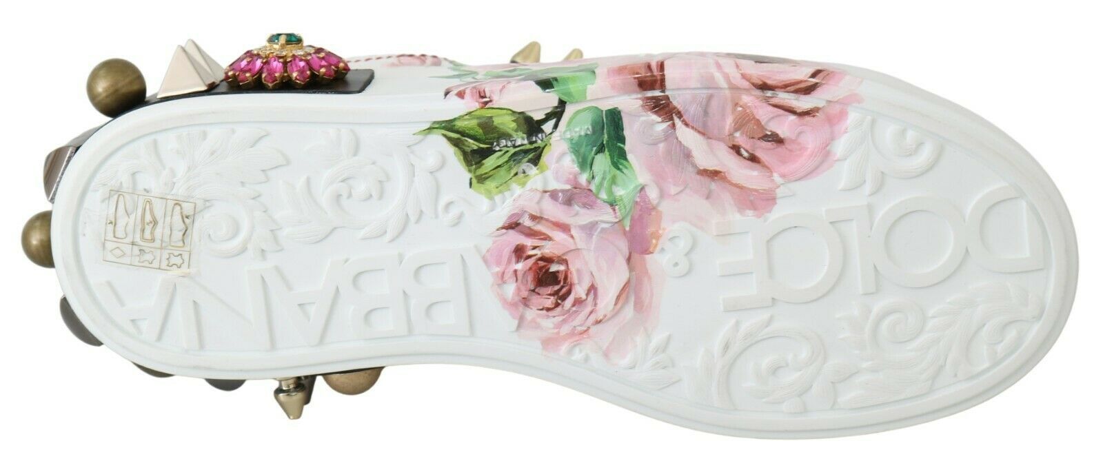Dolce & Gabbana White Leather Crystal Roses Floral Sneakers Shoes | Regal Royce