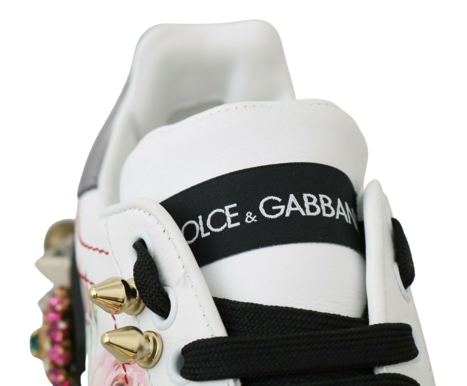 Dolce & Gabbana White Leather Crystal Roses Floral Sneakers Shoes | Regal Royce