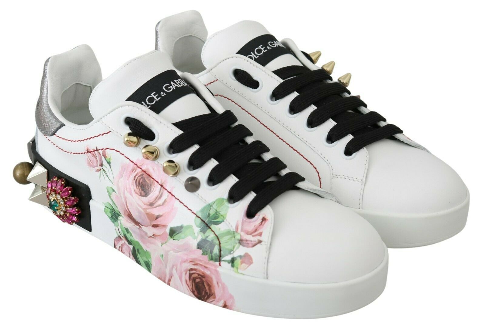 Dolce & Gabbana White Leather Crystal Roses Floral Sneakers Shoes | Regal Royce