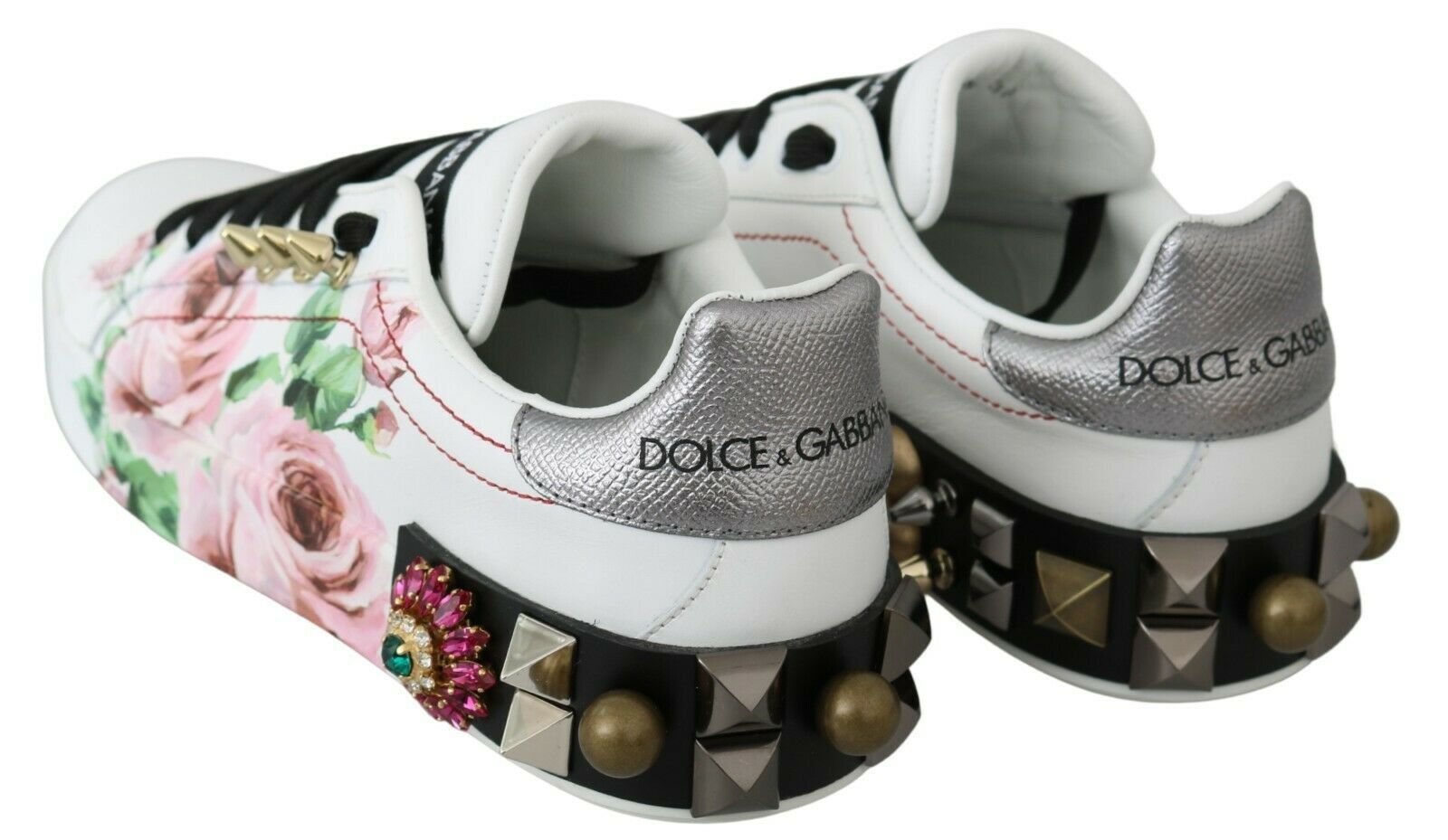 Dolce & Gabbana White Leather Crystal Roses Floral Sneakers Shoes | Regal Royce