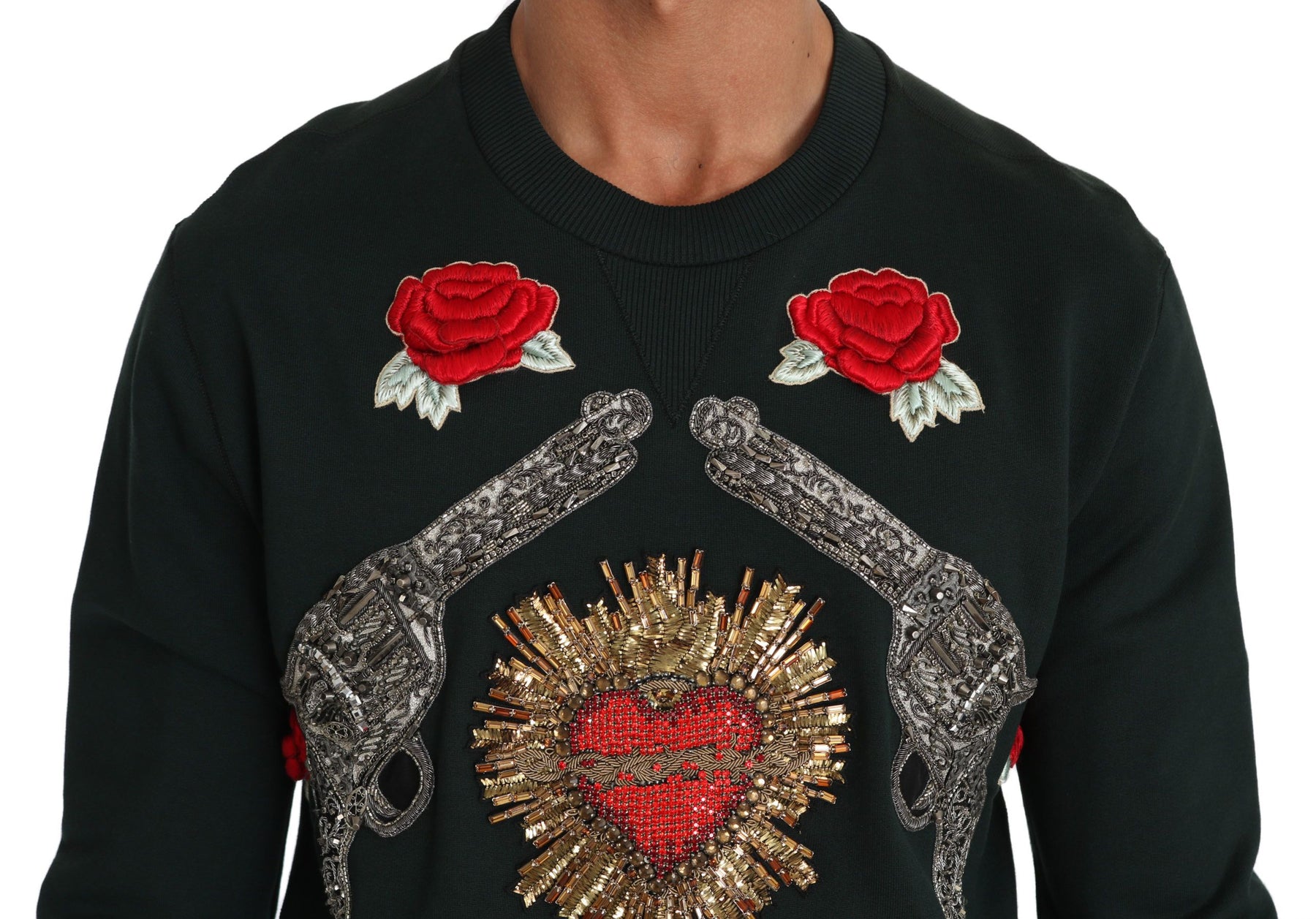 Dolce & Gabbana Green Crystal Heart Roses Gun Sweater | Regal Royce