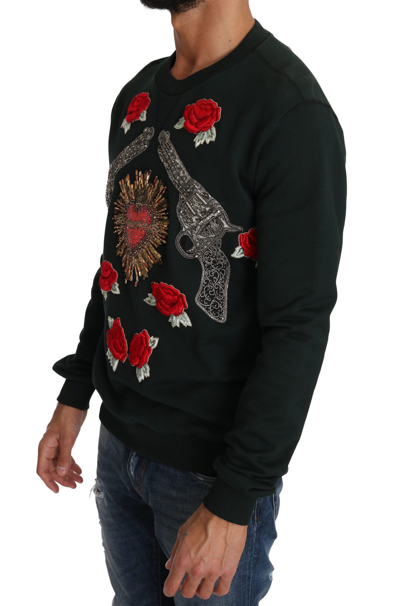 Dolce & Gabbana Green Crystal Heart Roses Gun Sweater | Regal Royce