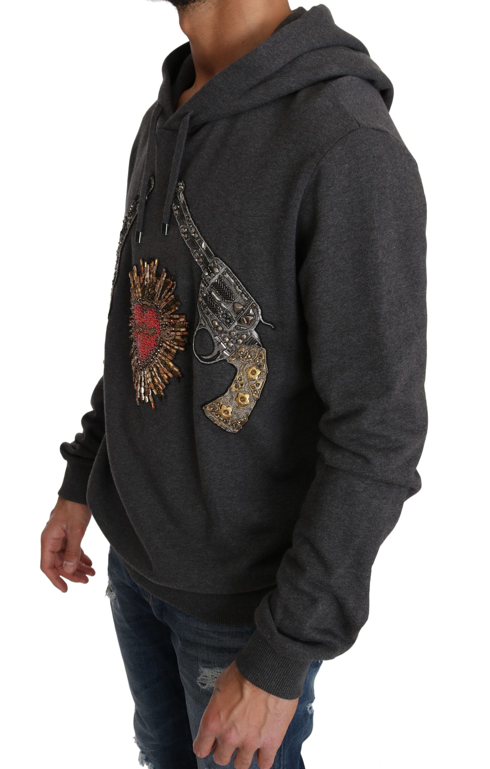 Dolce & Gabbana Gray Hooded Red Crystal Heart Gun Sweater | Regal Royce