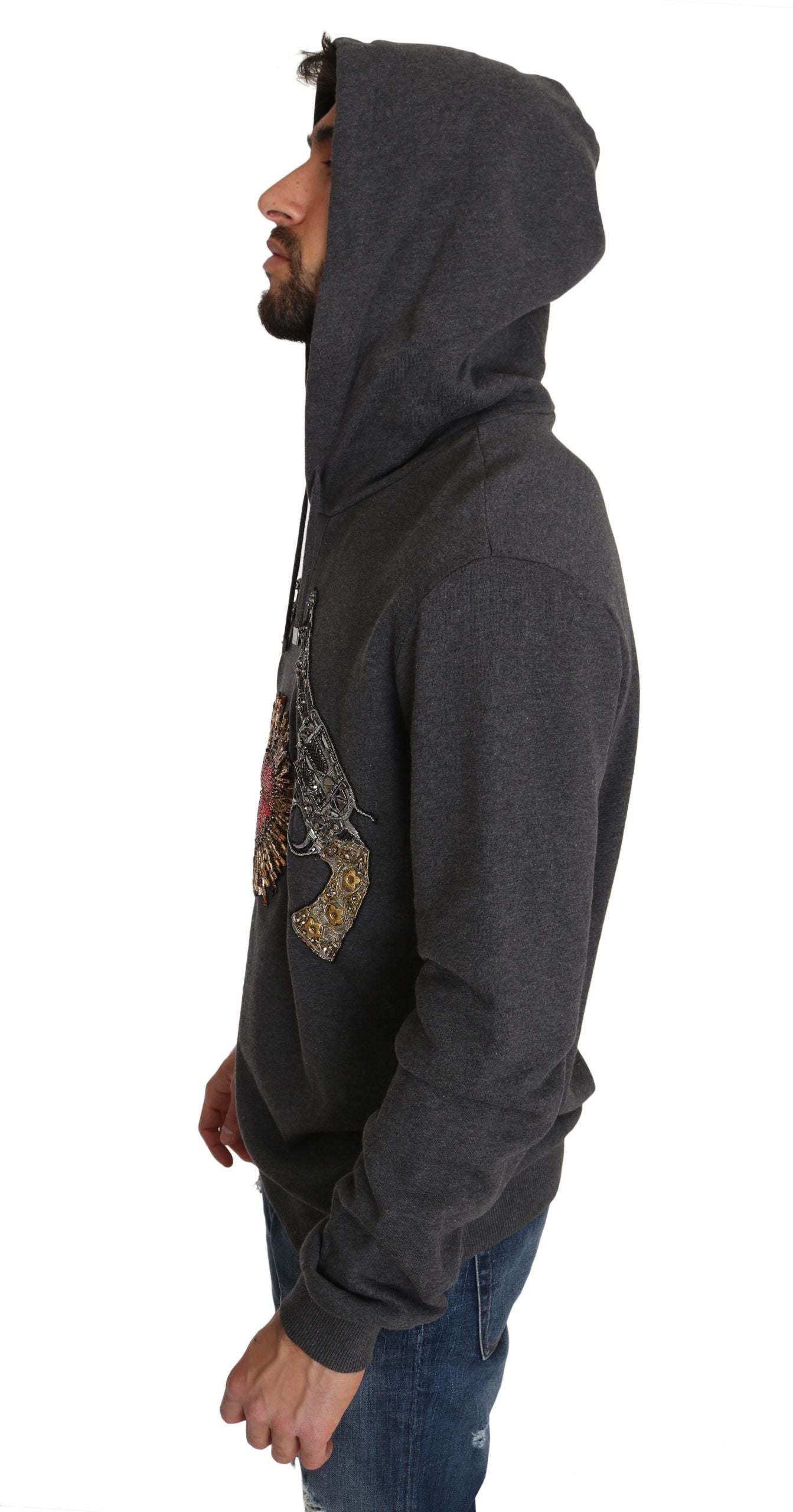 Dolce & Gabbana Gray Hooded Red Crystal Heart Gun Sweater | Regal Royce