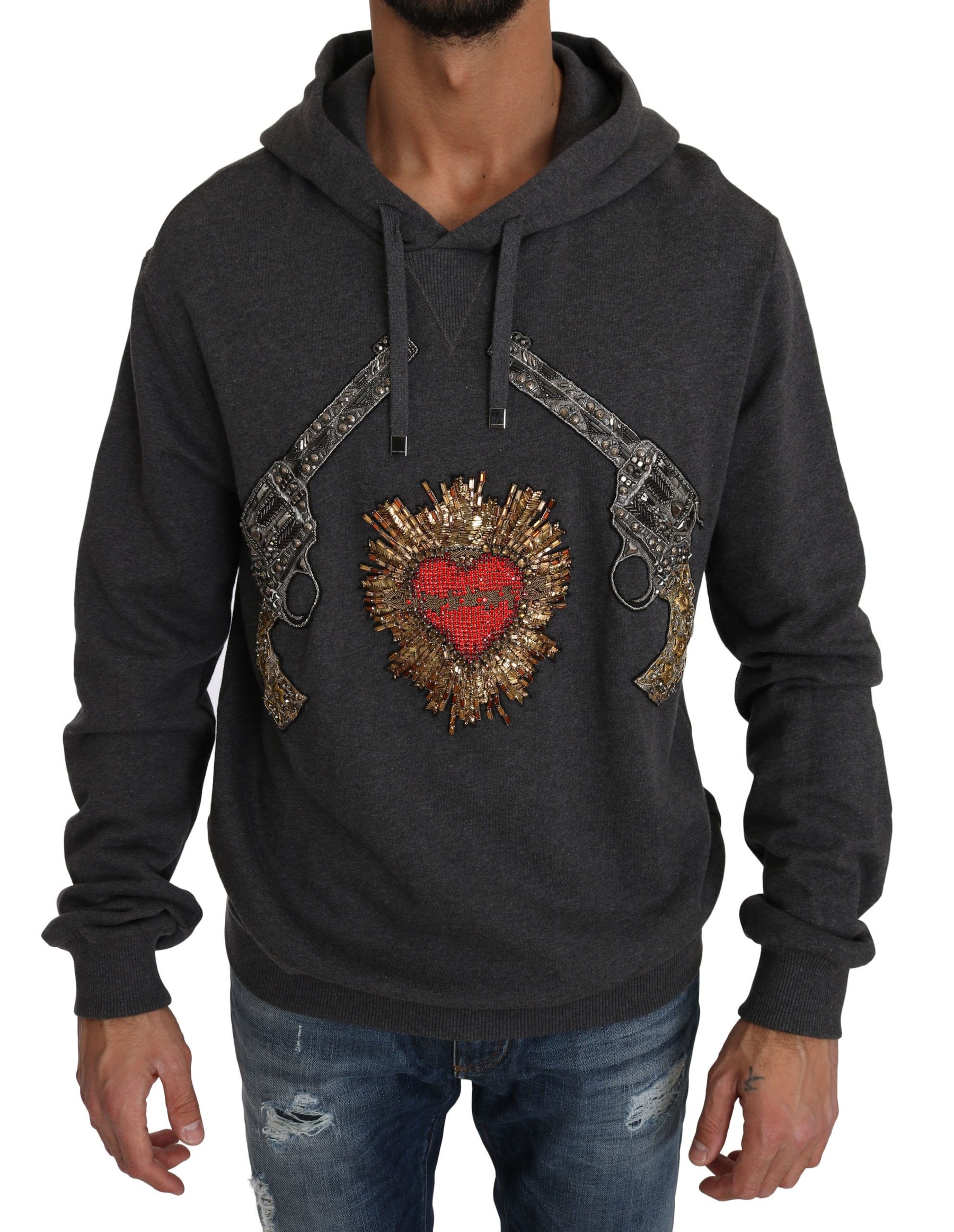 Dolce & Gabbana Gray Hooded Red Crystal Heart Gun Sweater | Regal Royce