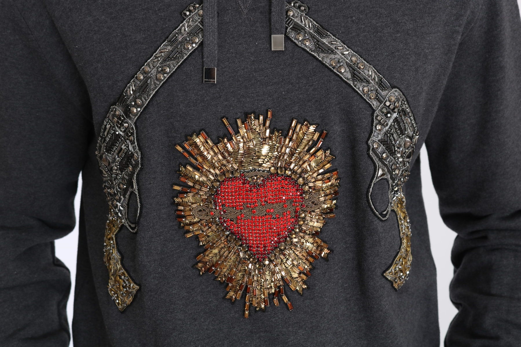 Dolce & Gabbana Gray Hooded Red Crystal Heart Gun Sweater | Regal Royce