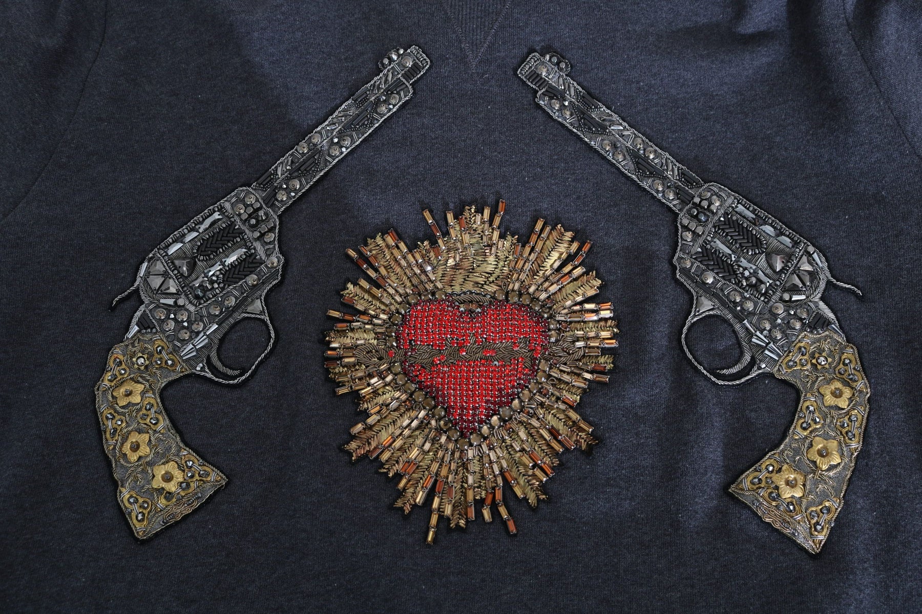 Dolce & Gabbana Gray Hooded Red Crystal Heart Gun Sweater | Regal Royce