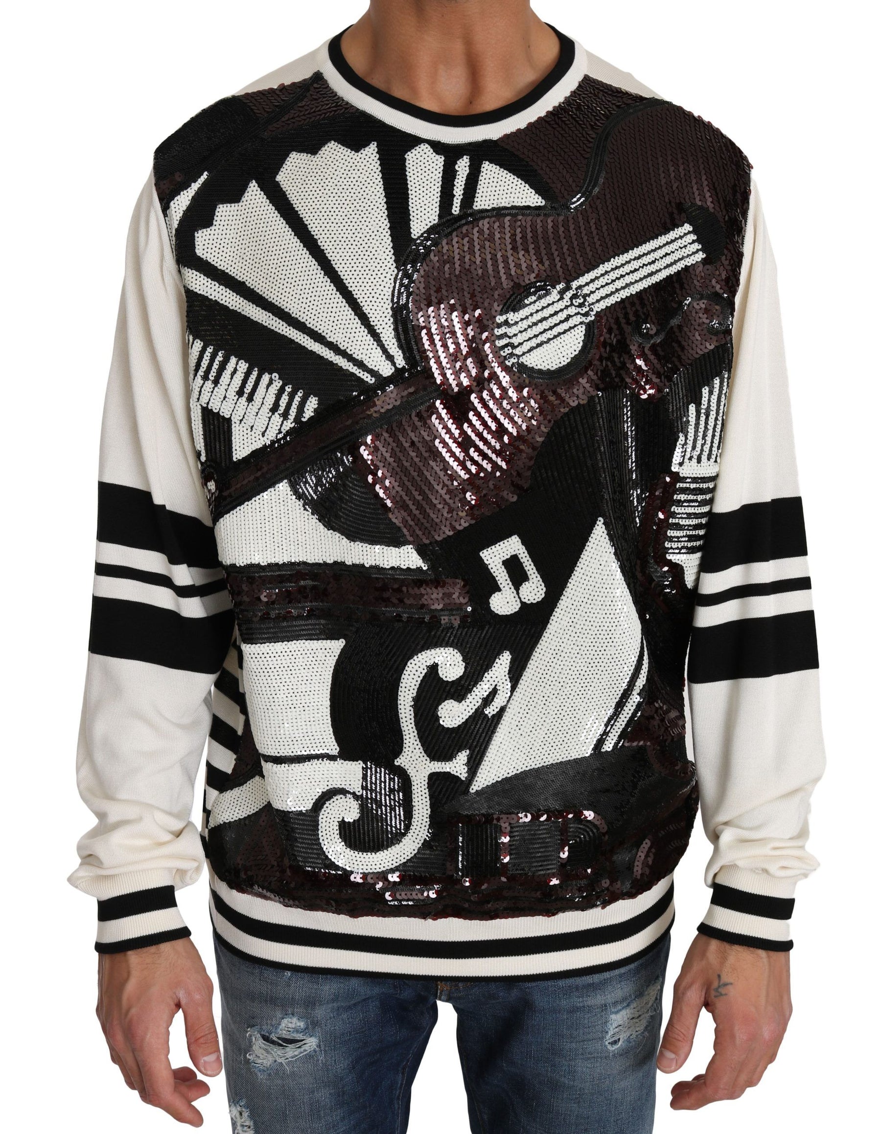 Dolce & Gabbana White Jazz Sequined Guitar Pullover Top Sweater | Regal Royce
