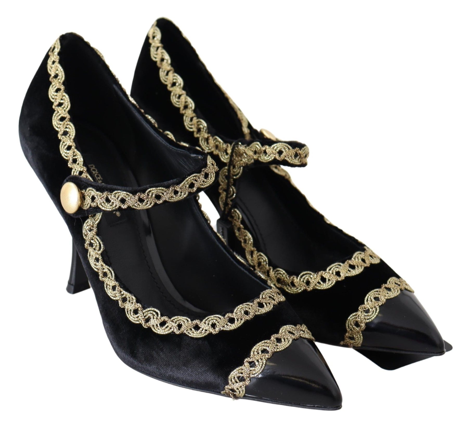 Dolce & Gabbana Black Velvet Gold Mary Janes Pumps | Regal Royce