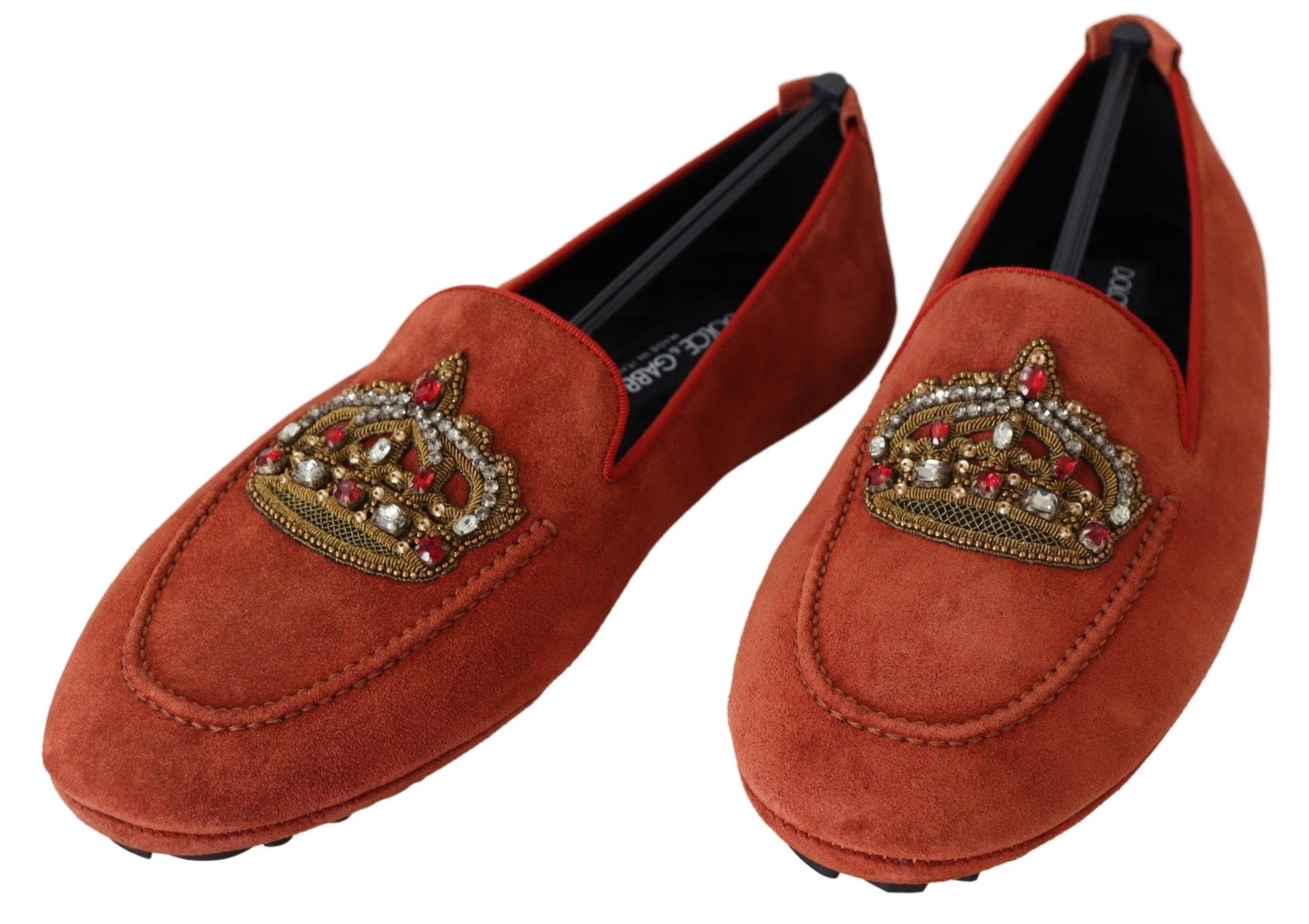 Dolce & Gabbana Orange Leather Crystal Crown  Loafers Shoes | Regal Royce