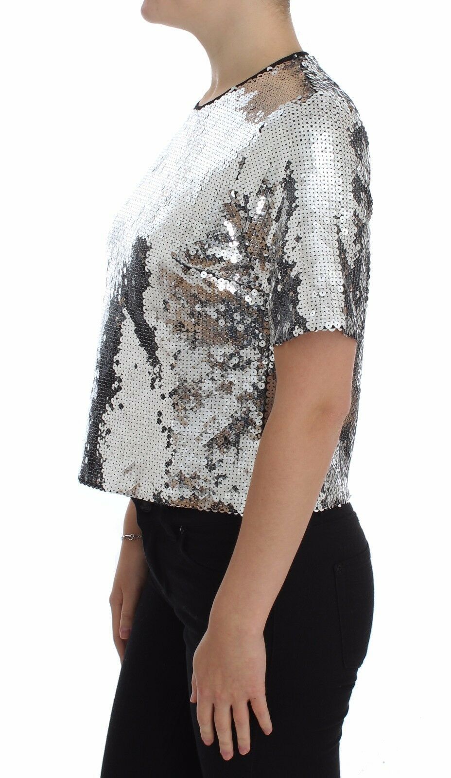 Dolce & Gabbana Silver Sequined Crewneck Blouse T-shirt Top | Regal Royce