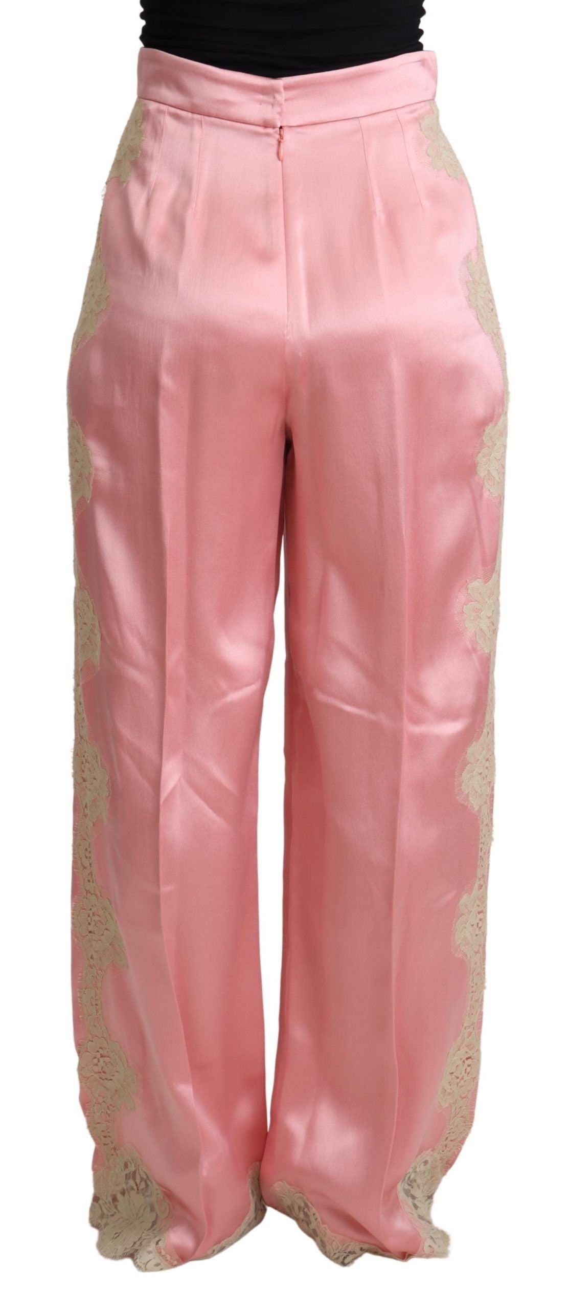 Dolce & Gabbana Pink Lace Trimmed Silk Satin Wide Legs Pants | Regal Royce