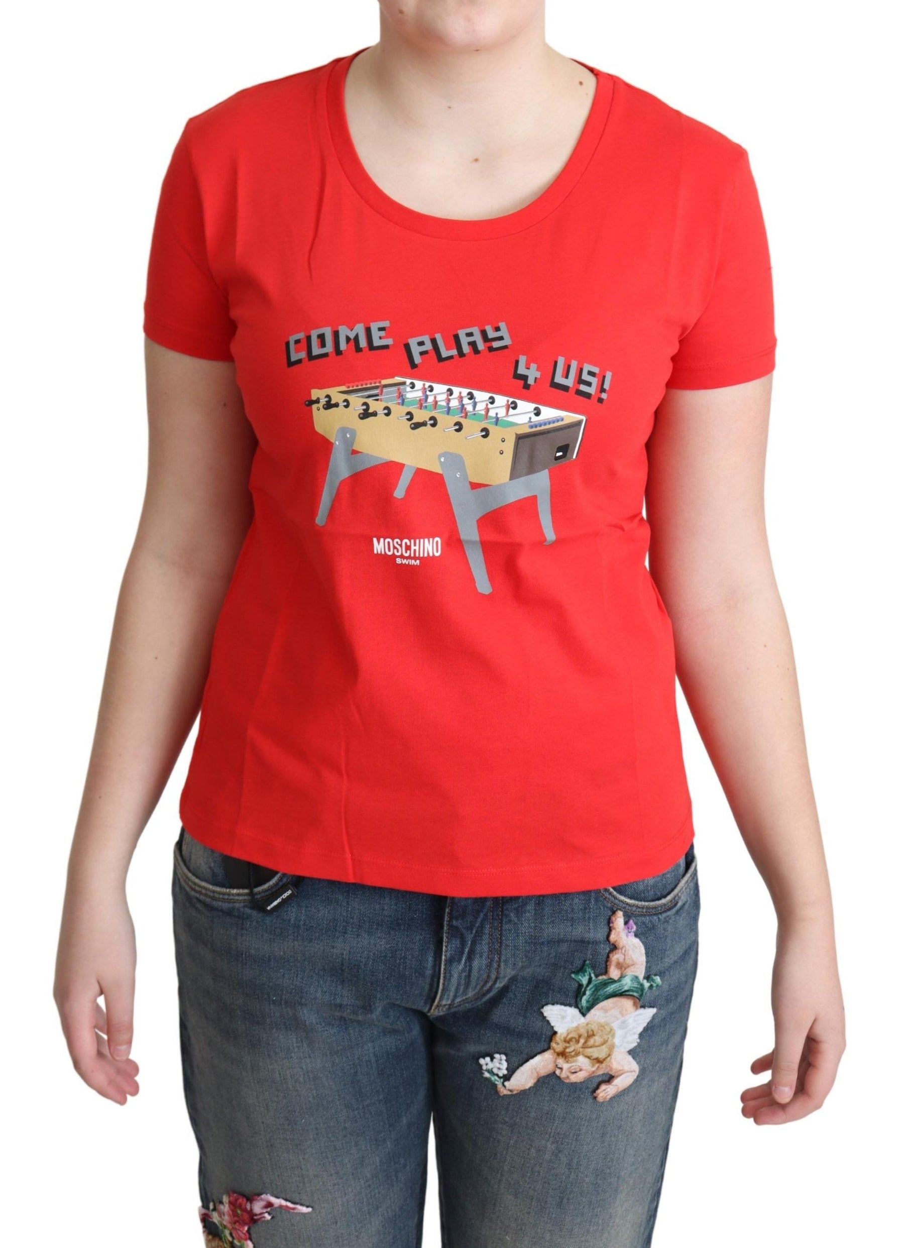 Moschino Red Cotton Come Play 4 Us Print Tops Blouse T-shirt | Regal Royce