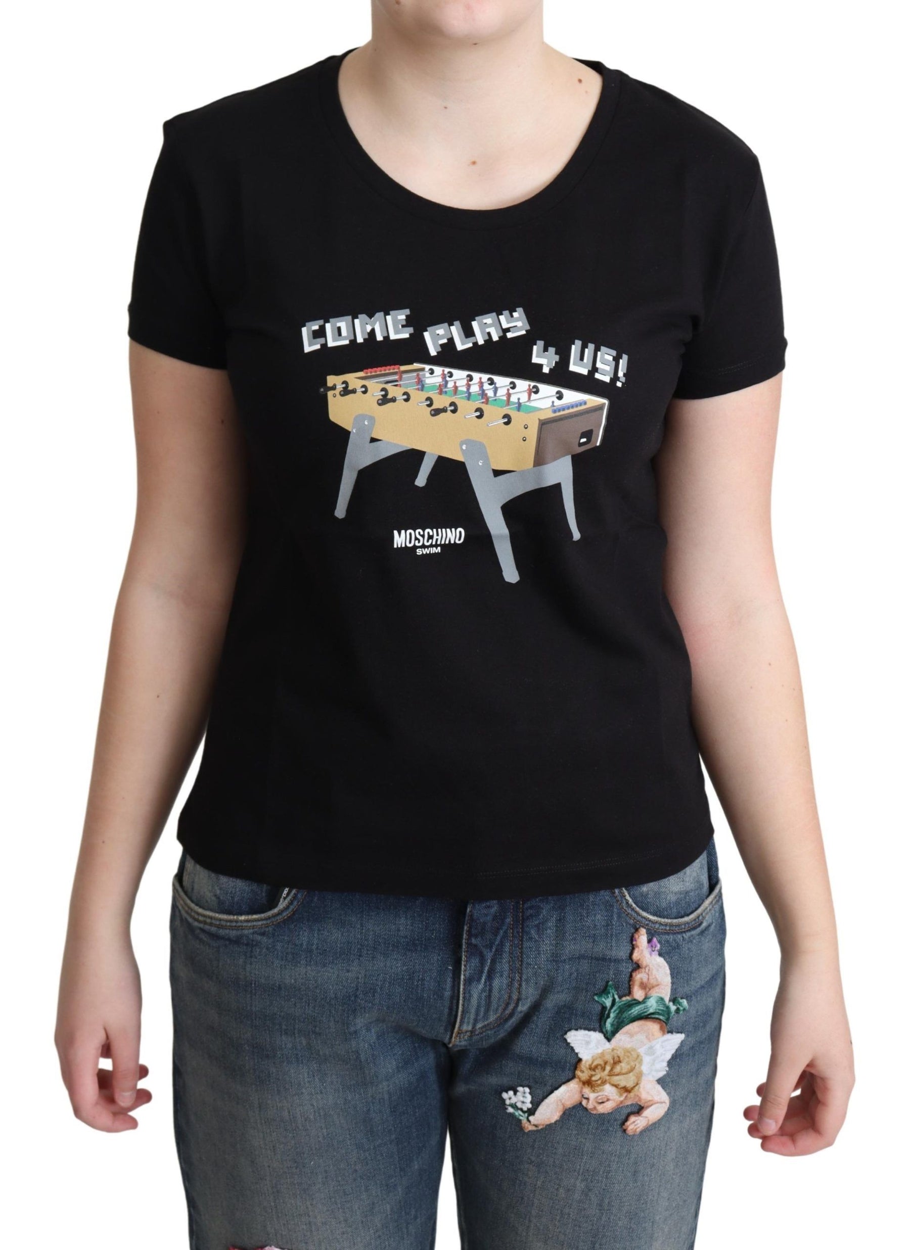 Moschino Black Cotton Come Play 4 Us Print Tops T-shirt | Regal Royce