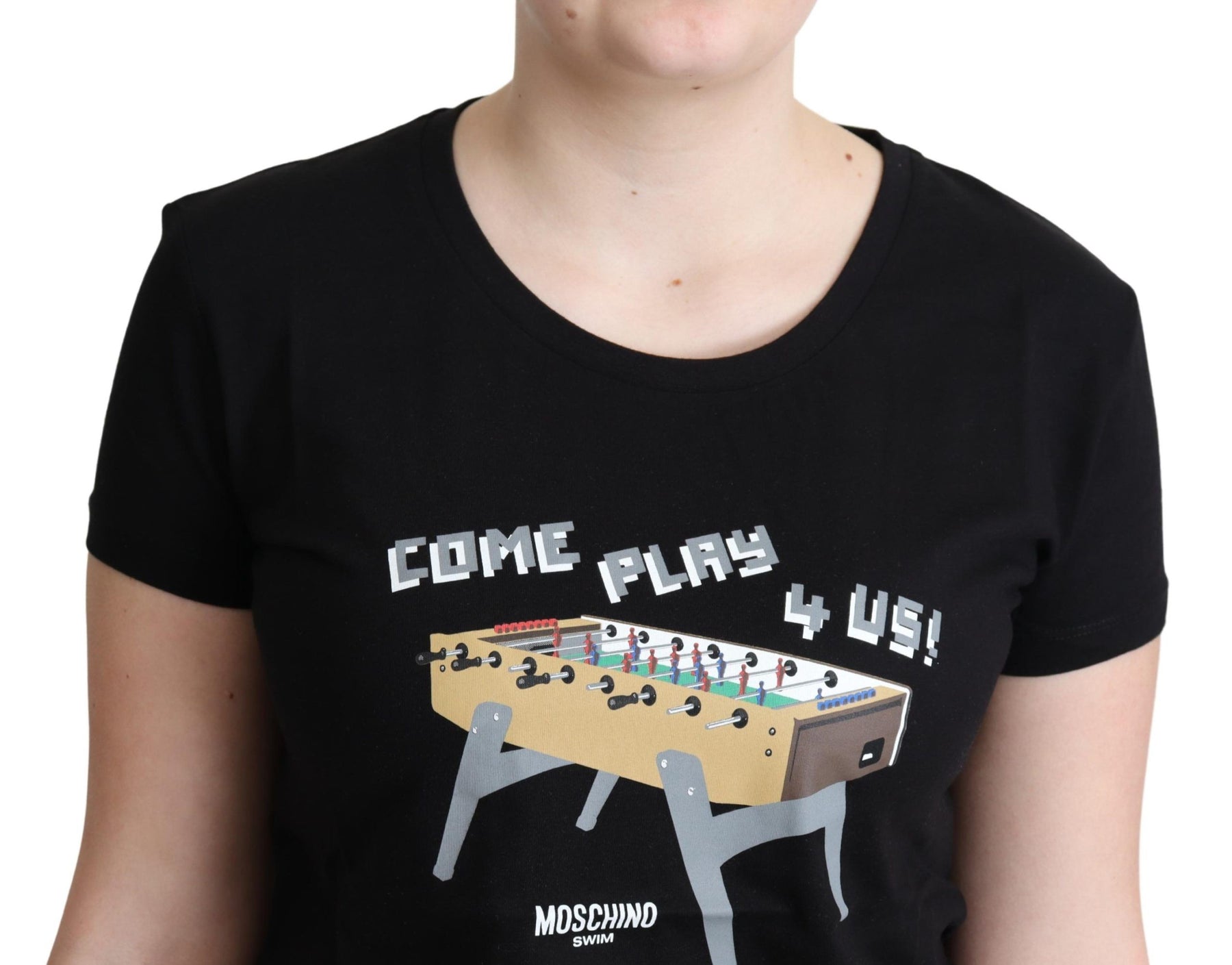 Moschino Black Cotton Come Play 4 Us Print Tops T-shirt | Regal Royce
