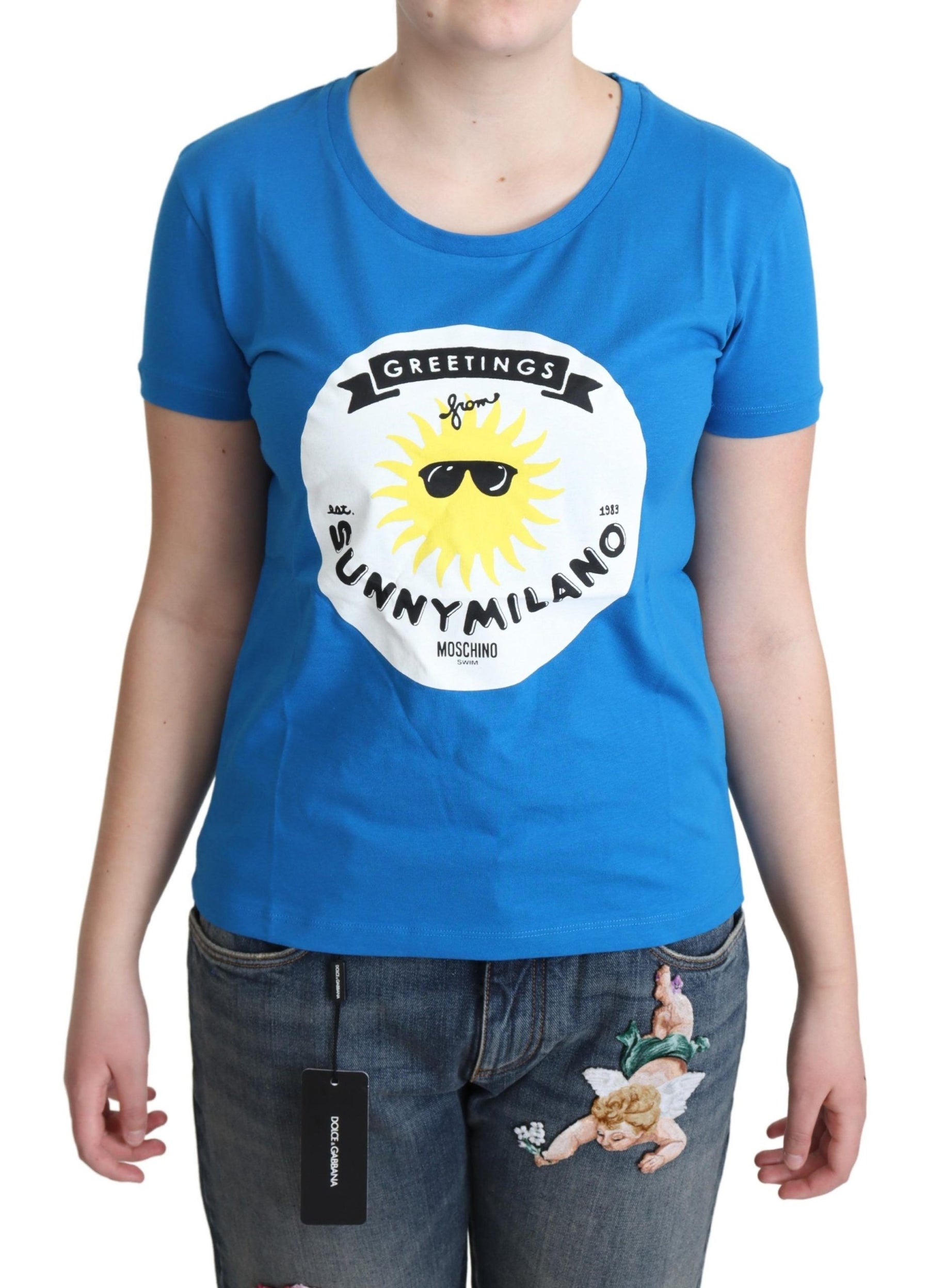 Moschino Blue Cotton Sunny Milano Print Tops T-shirt | Regal Royce
