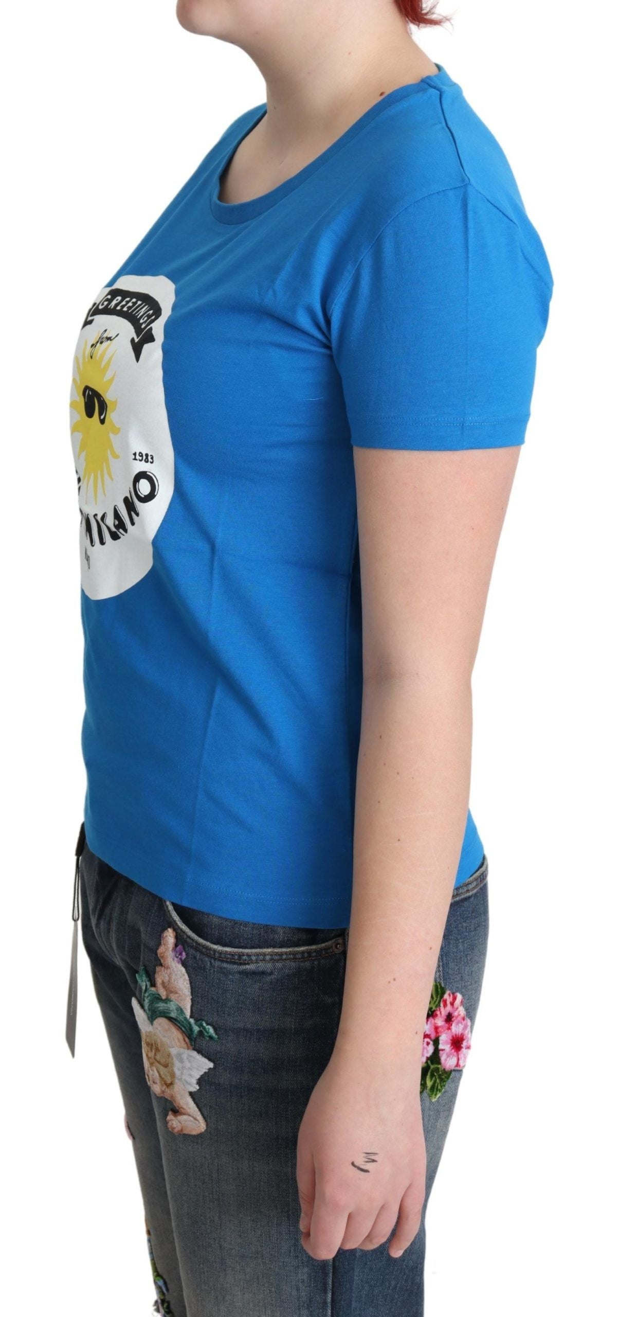 Moschino Blue Cotton Sunny Milano Print Tops T-shirt | Regal Royce