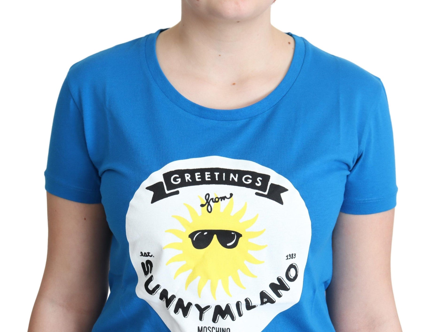 Moschino Blue Cotton Sunny Milano Print Tops T-shirt | Regal Royce